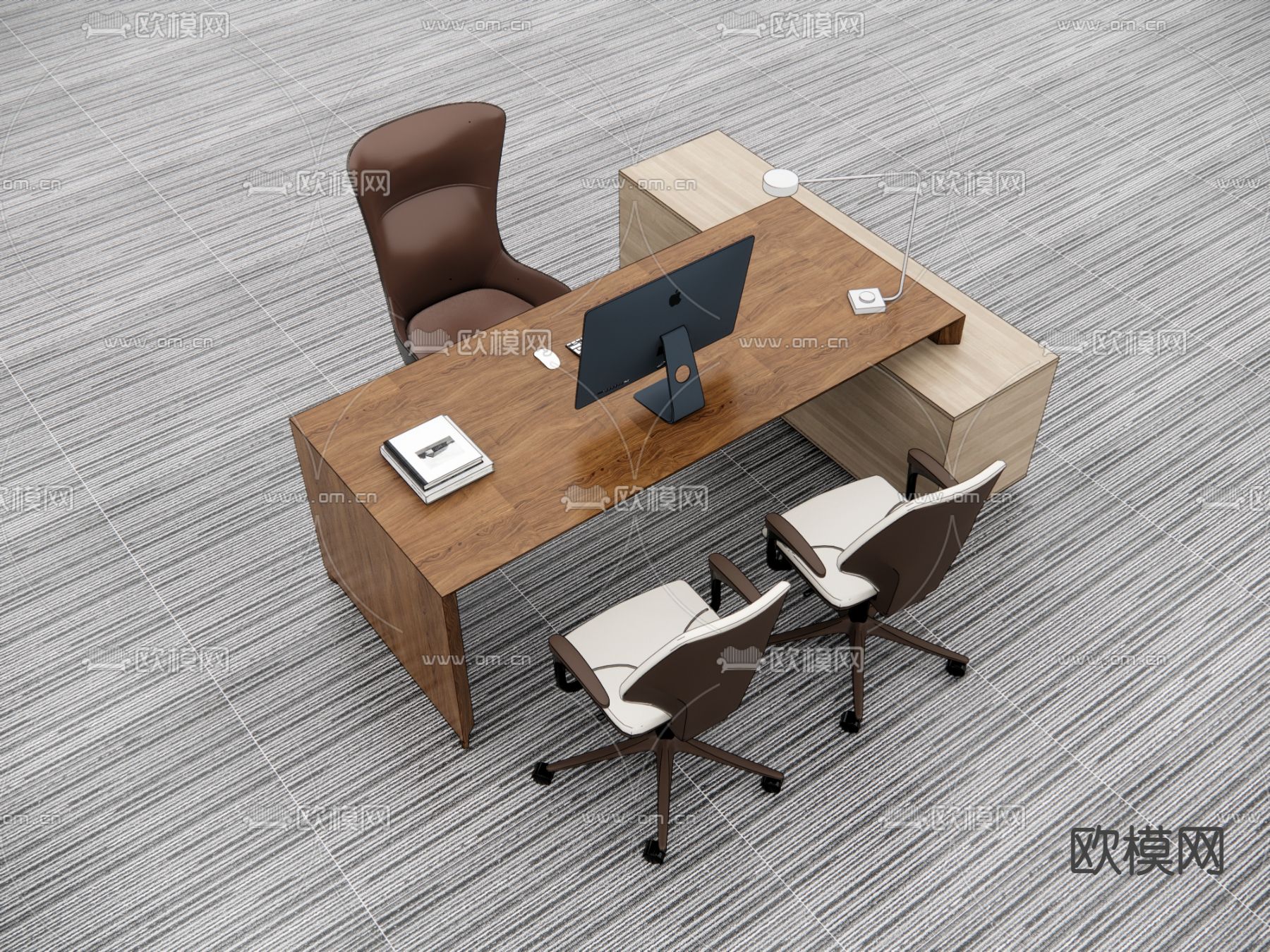 现代办公班台桌椅su模型下载（渲染图1）