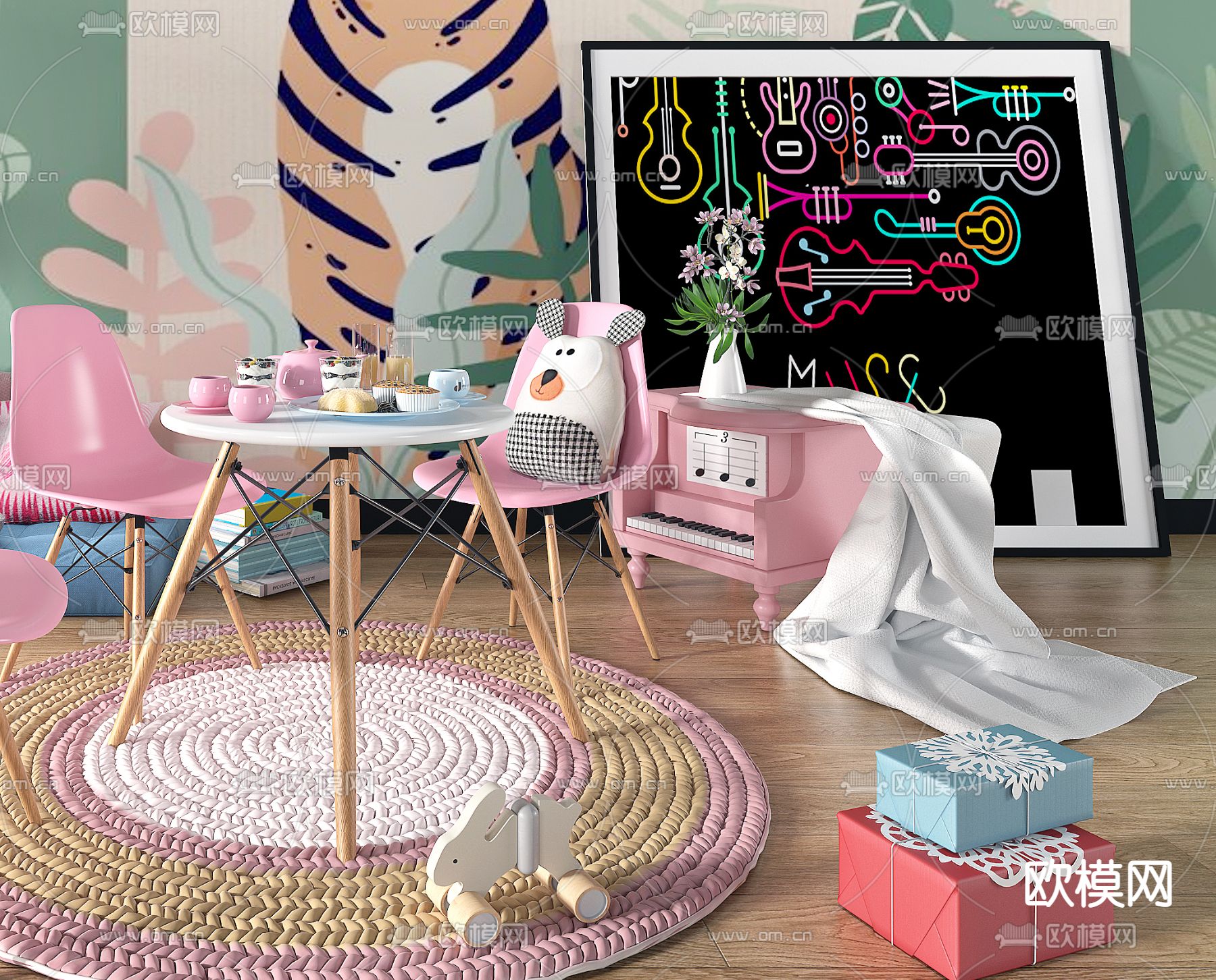 现代儿童桌椅3d模型下载（渲染图3）