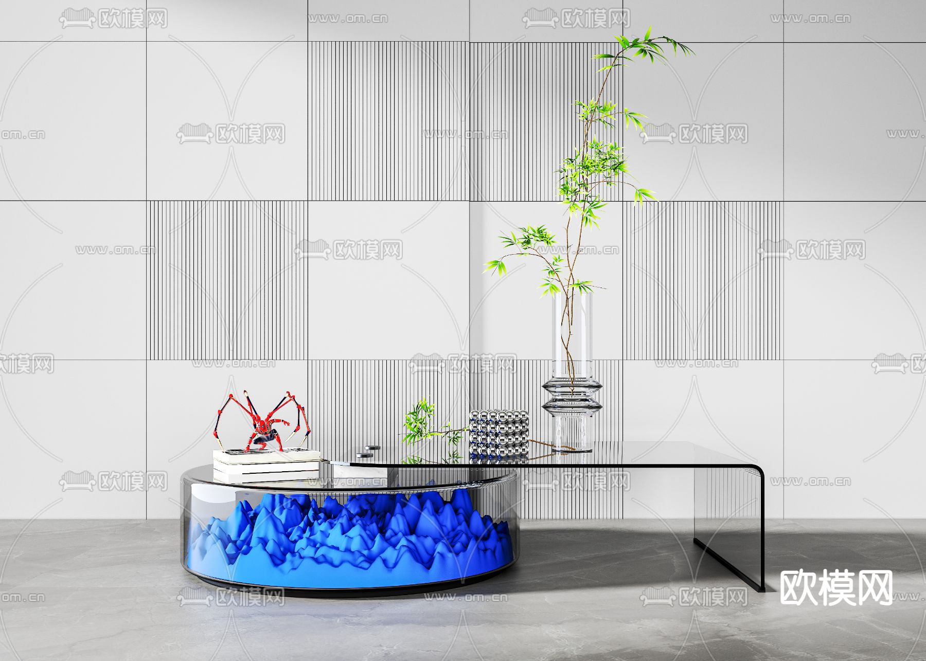 现代克莱因蓝玻璃子母茶几3d模型下载（渲染图1）