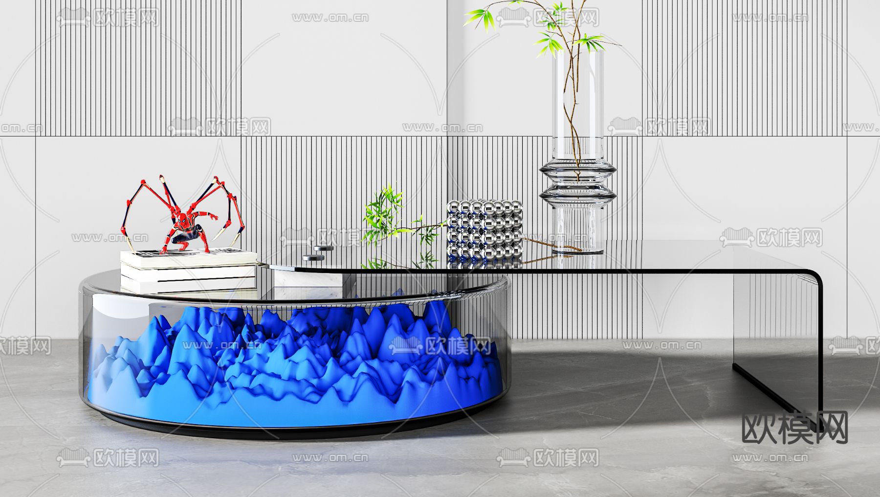 现代克莱因蓝玻璃子母茶几3d模型下载（渲染图2）