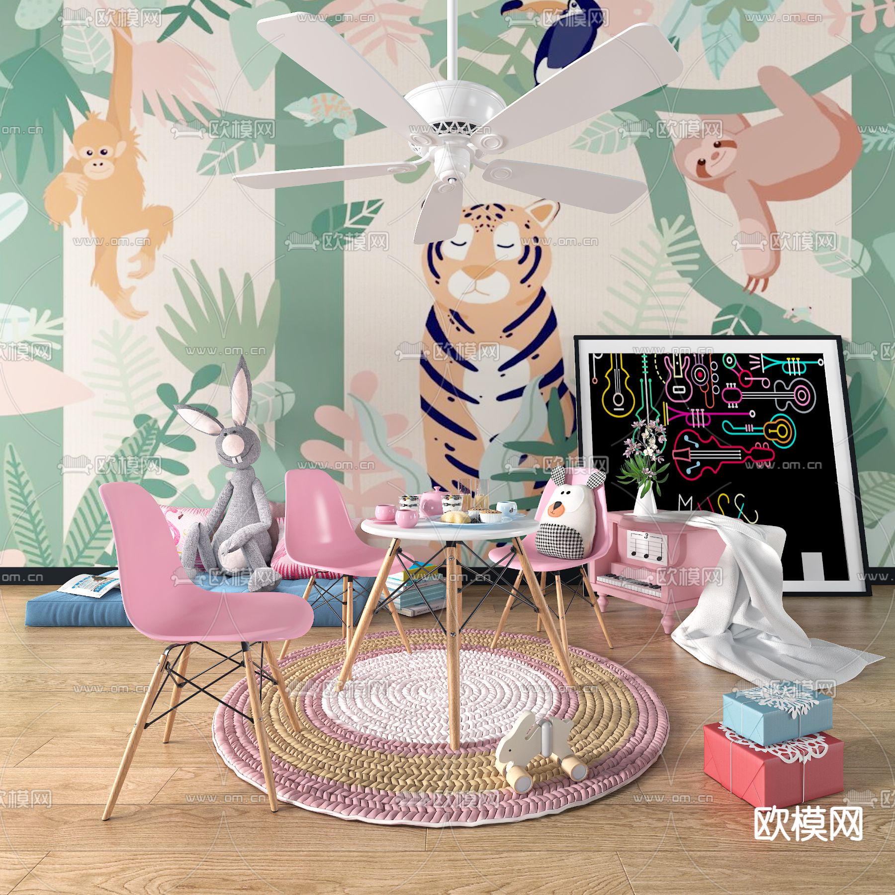 现代儿童桌椅3d模型下载（渲染图1）