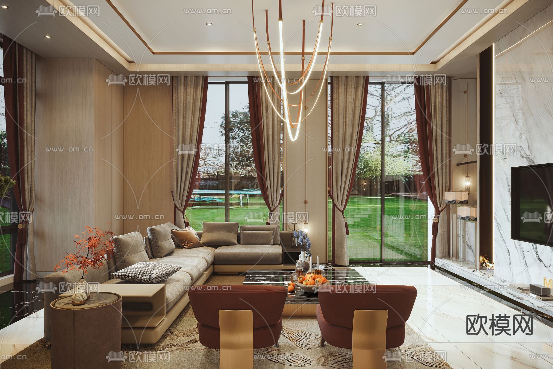 新中式复式别墅客厅3d模型下载（渲染图2）