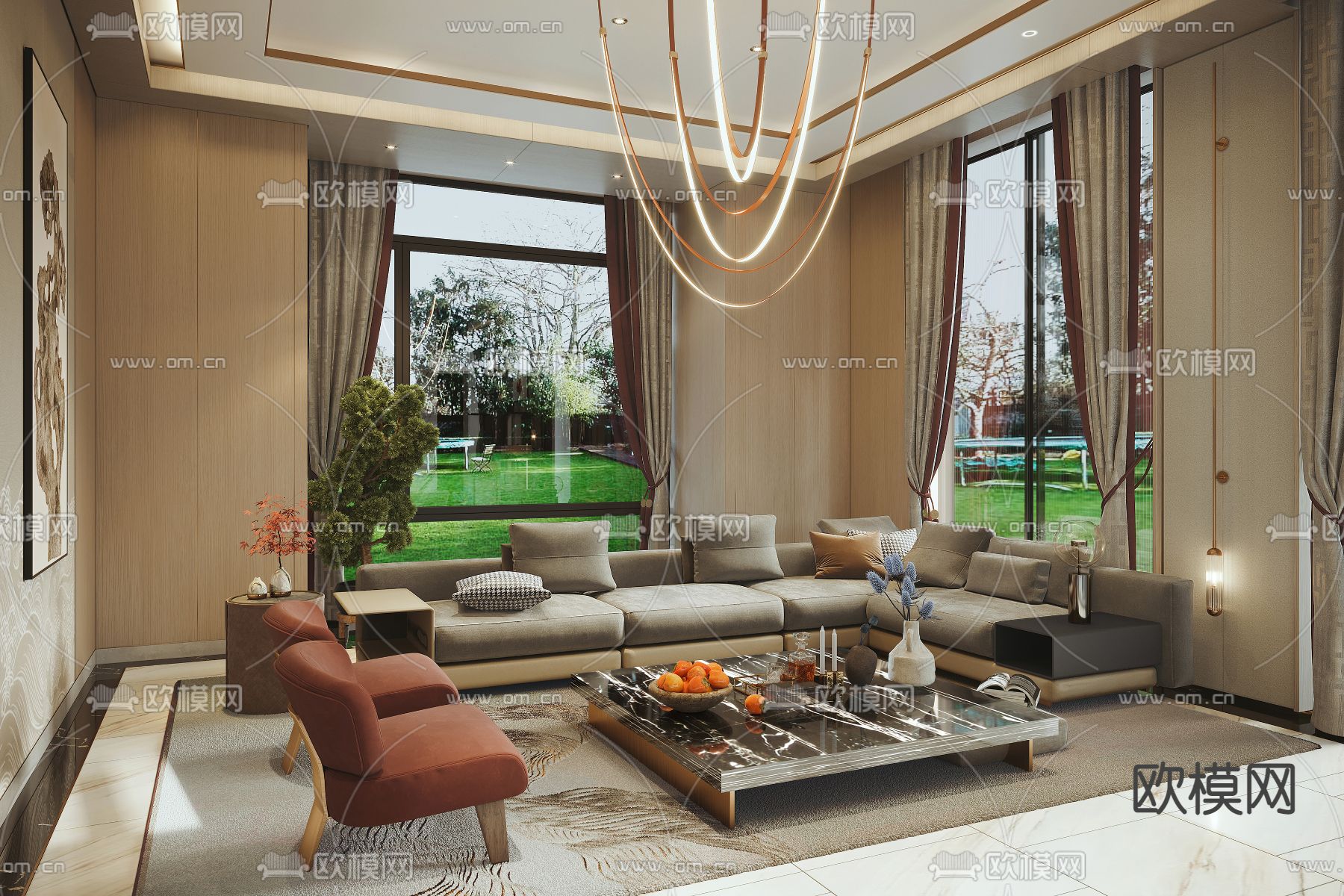 新中式复式别墅客厅3d模型下载（渲染图5）