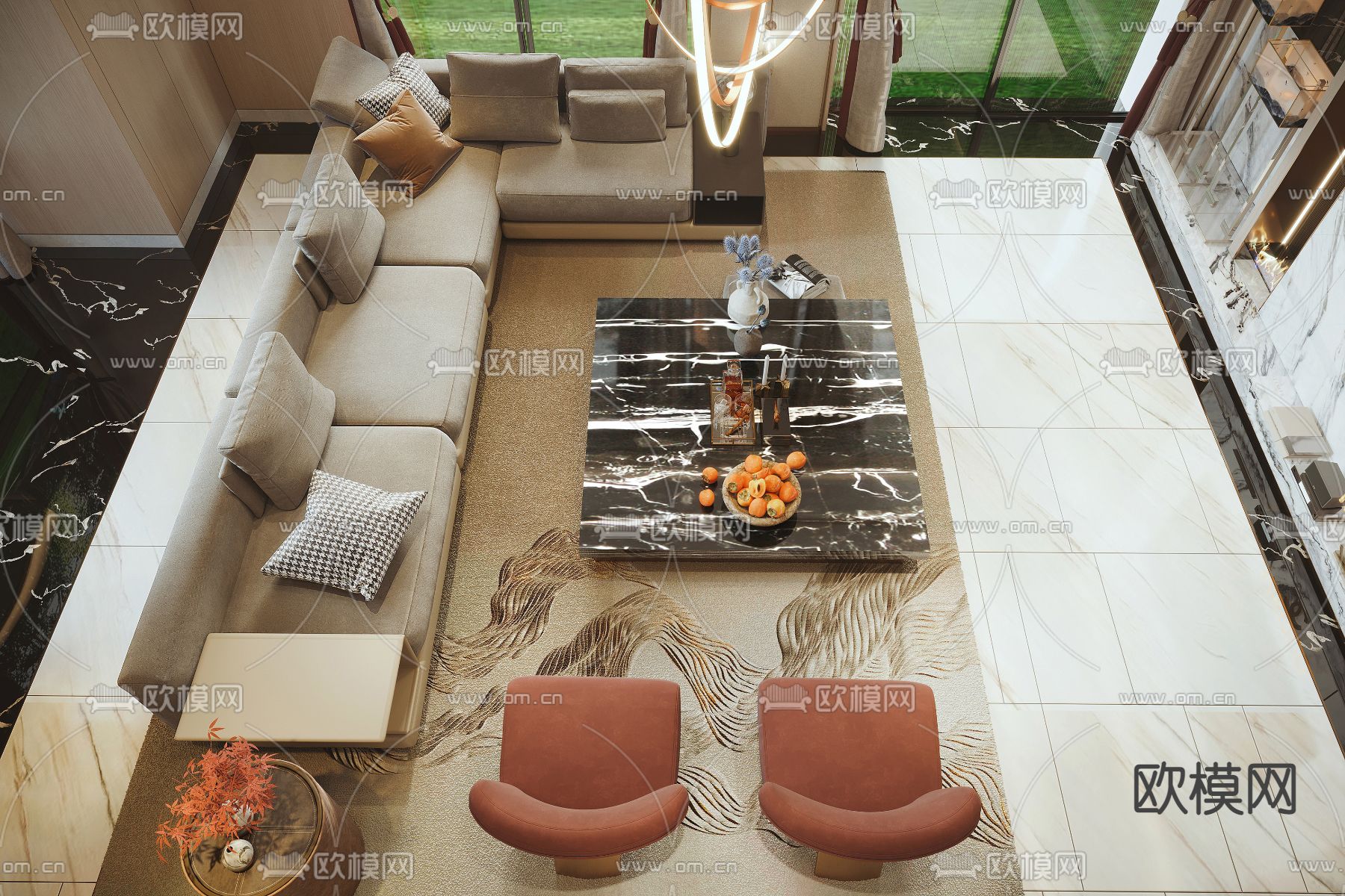 新中式复式别墅客厅3d模型下载（渲染图4）