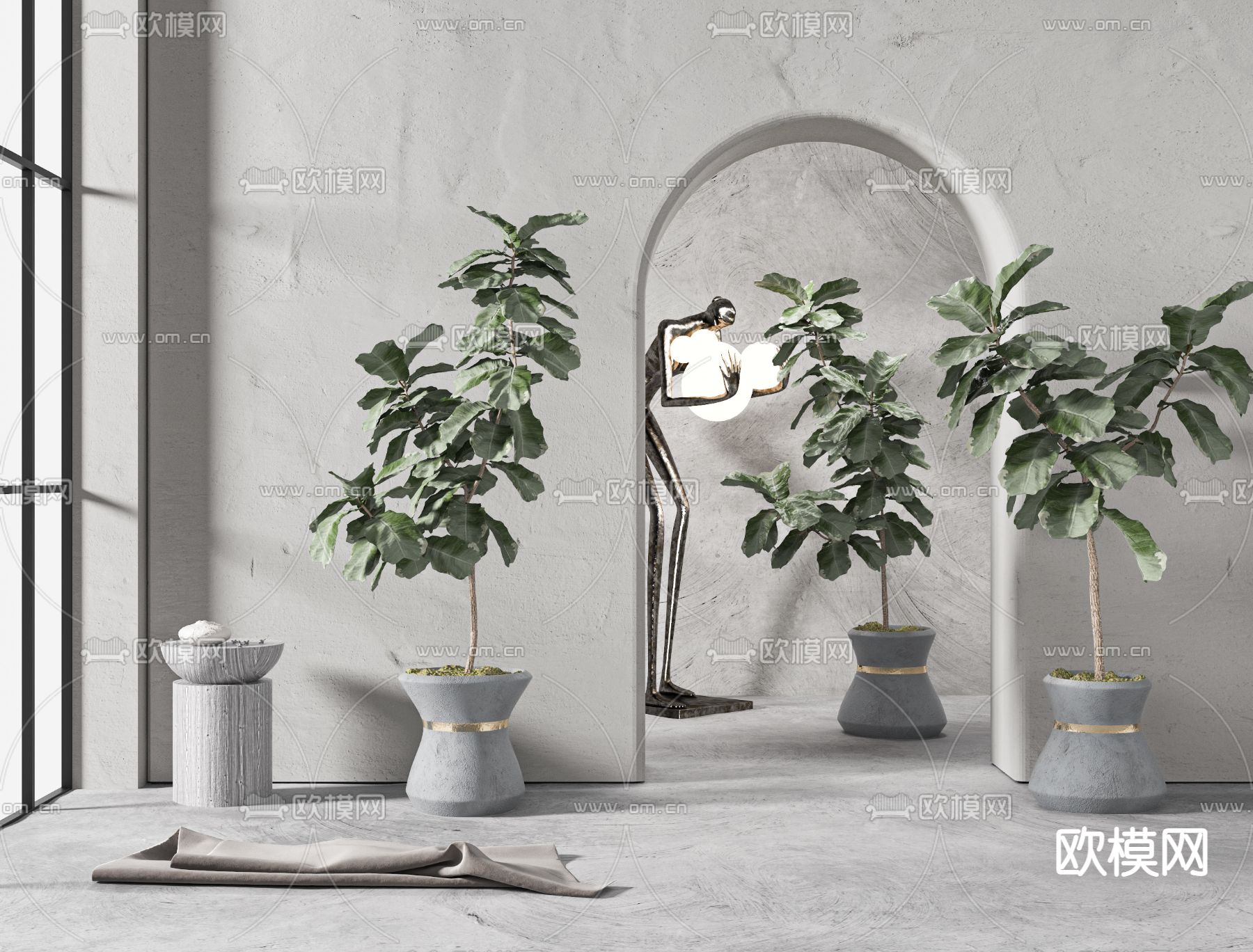 现代轻奢水泥阔叶绿植盆栽3d模型下载