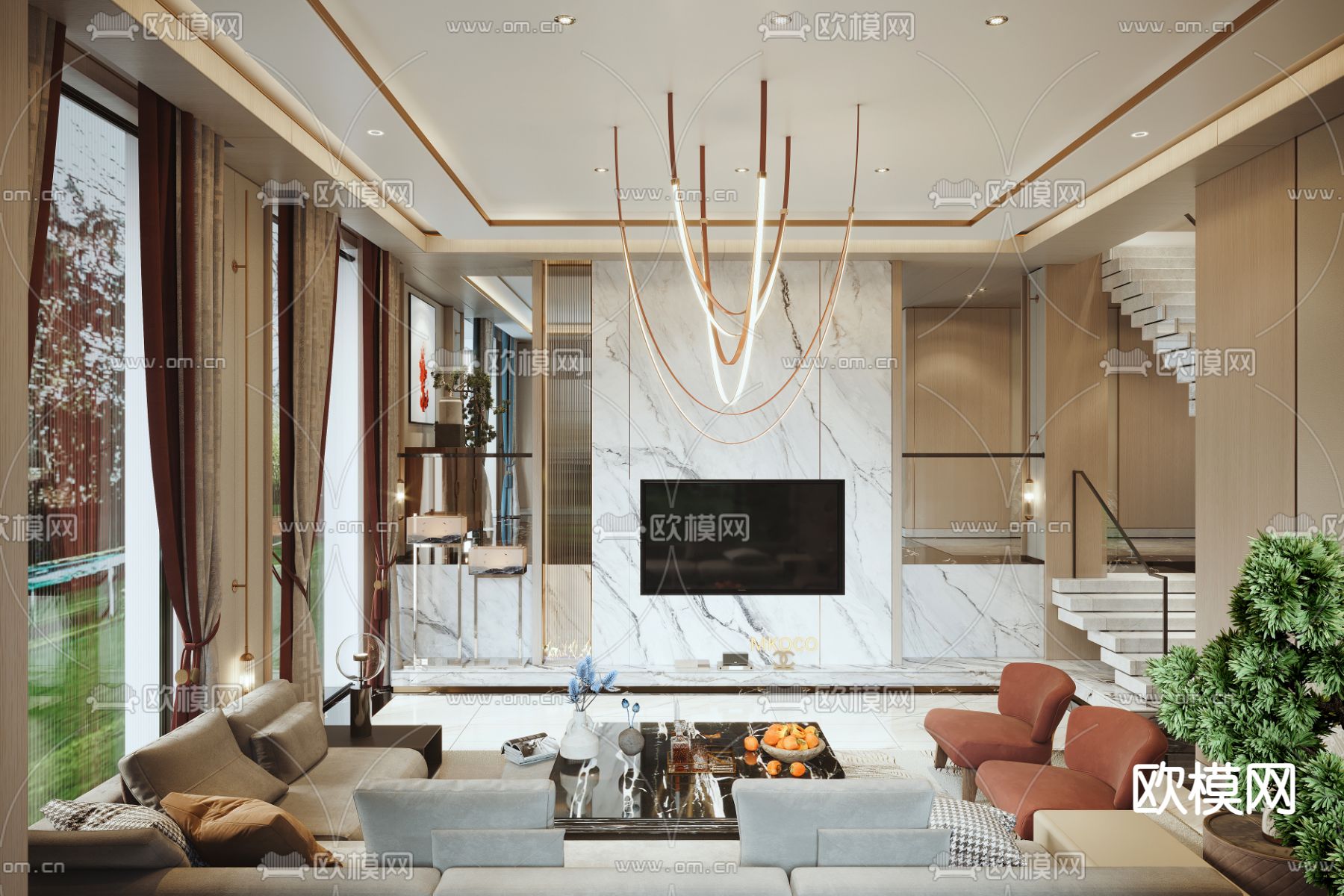 新中式复式别墅客厅3d模型下载（渲染图1）