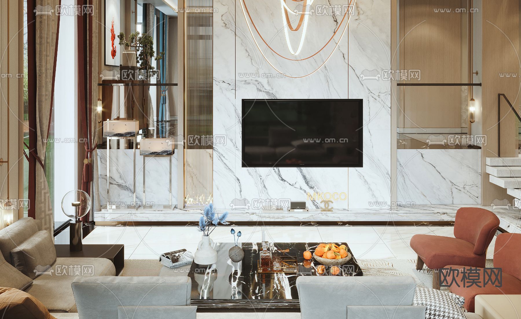 新中式复式别墅客厅3d模型下载（渲染图3）