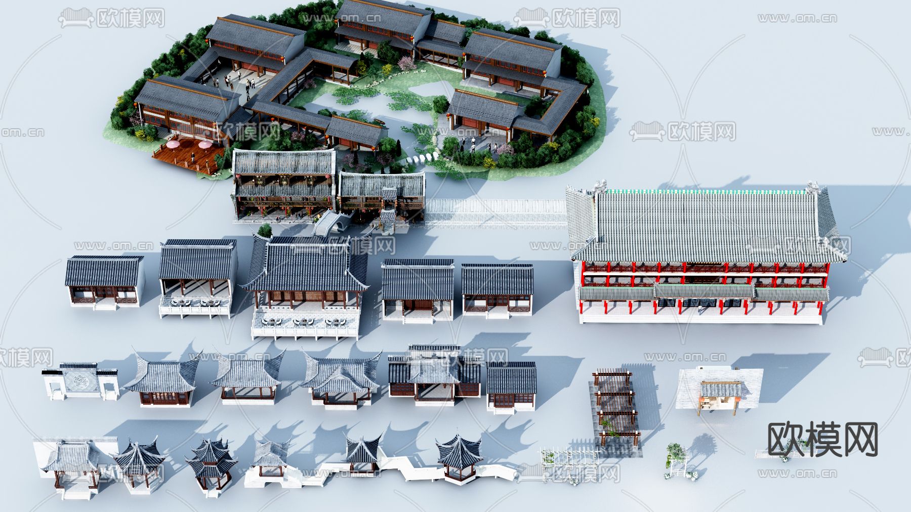 中式古建酒楼鸟瞰3d模型下载