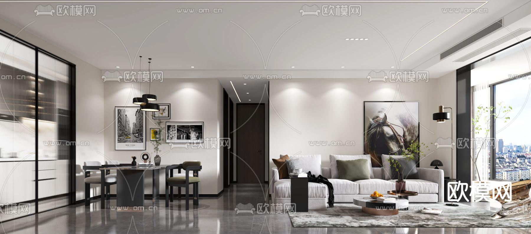 现代客厅餐厅3d模型下载（渲染图1）