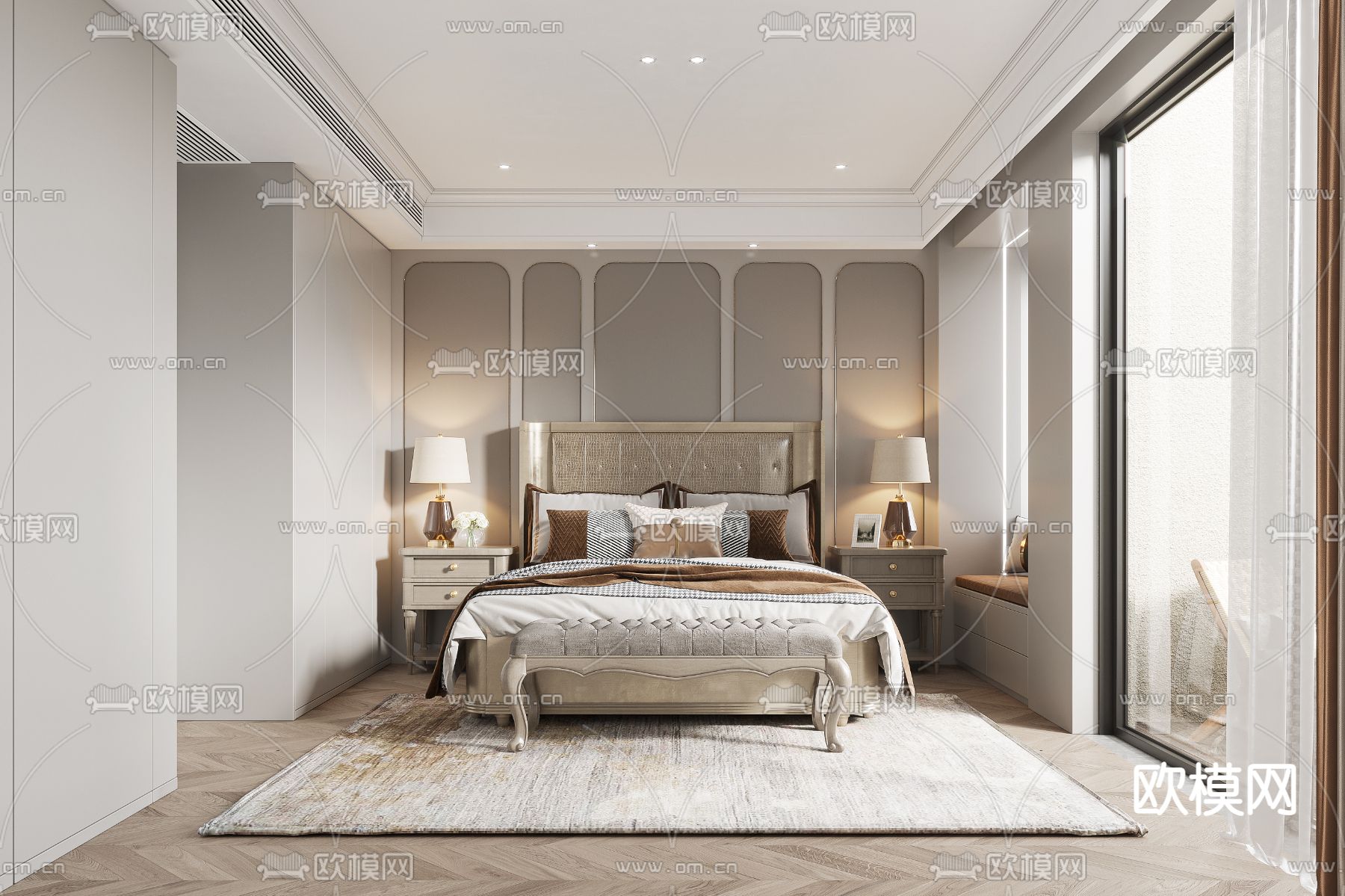 简欧卧室主人房3d模型下载（渲染图1）