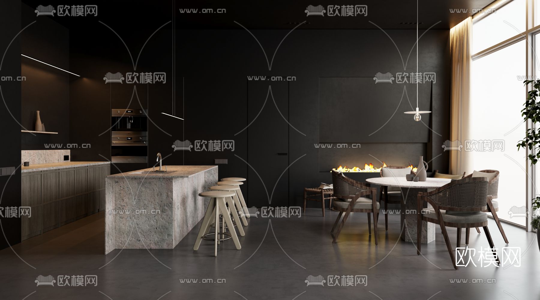 暗黑风餐厅3d模型下载_ID12014335_3dmax免费模型-欧模网