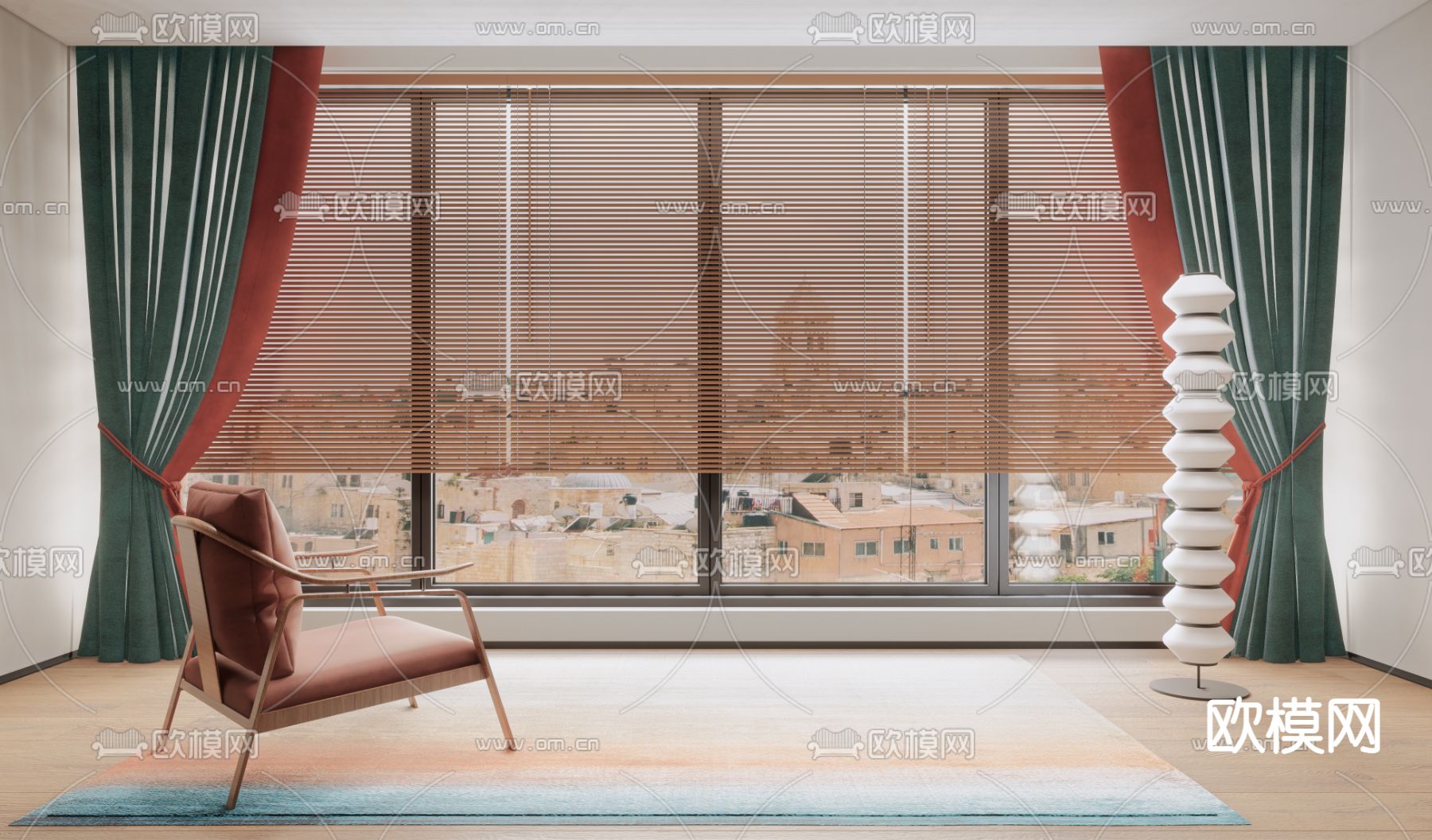 新中式窗帘百叶帘su模型下载（渲染图1）