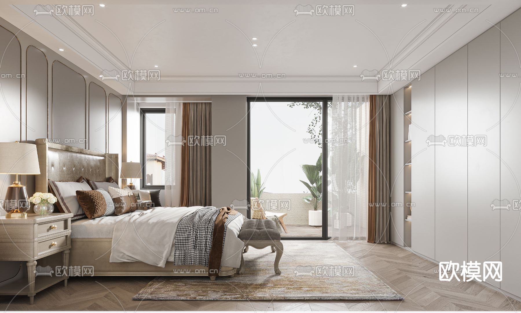 简欧卧室主人房3d模型下载（渲染图2）