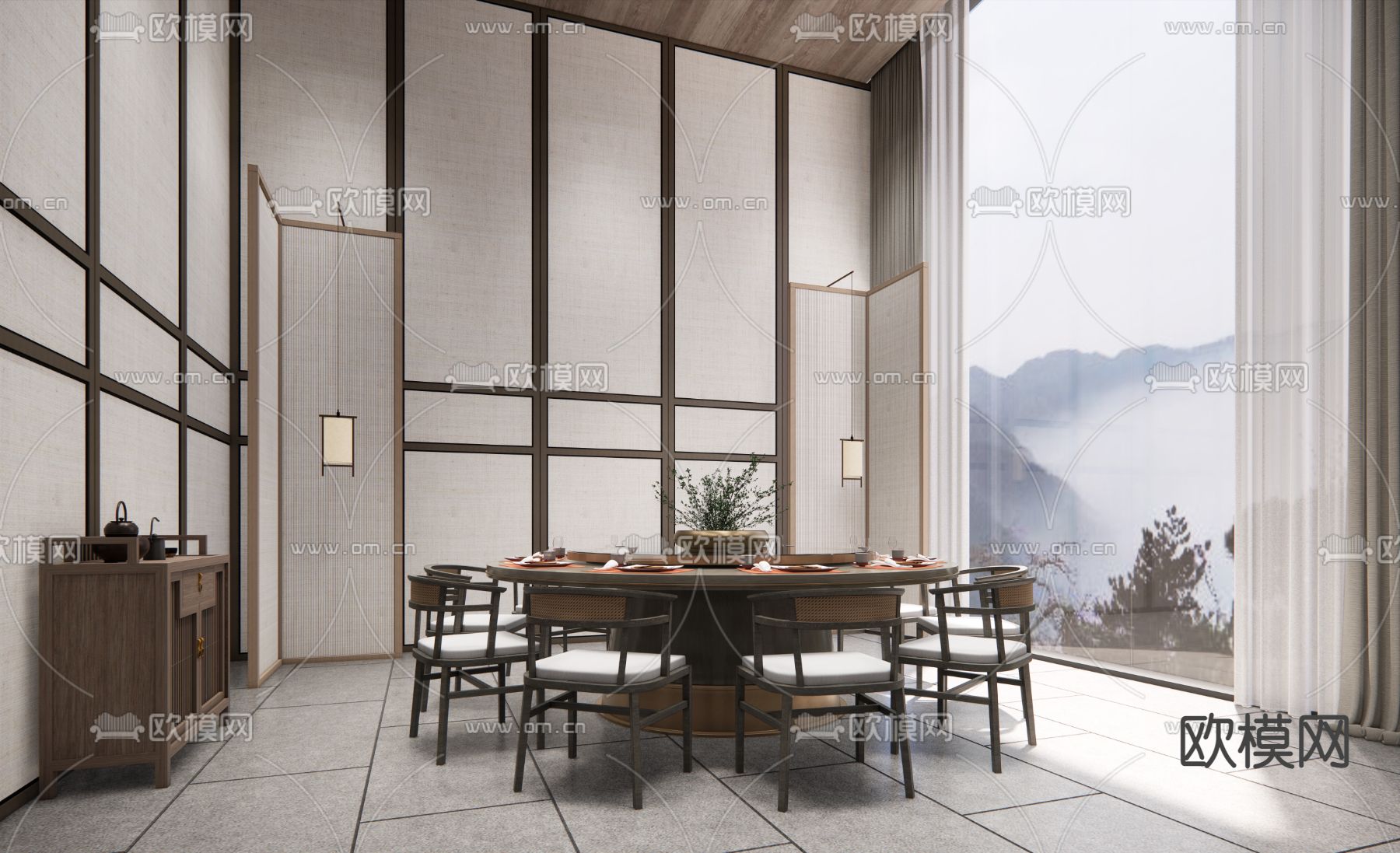 新中式餐厅包房su模型下载（渲染图1）