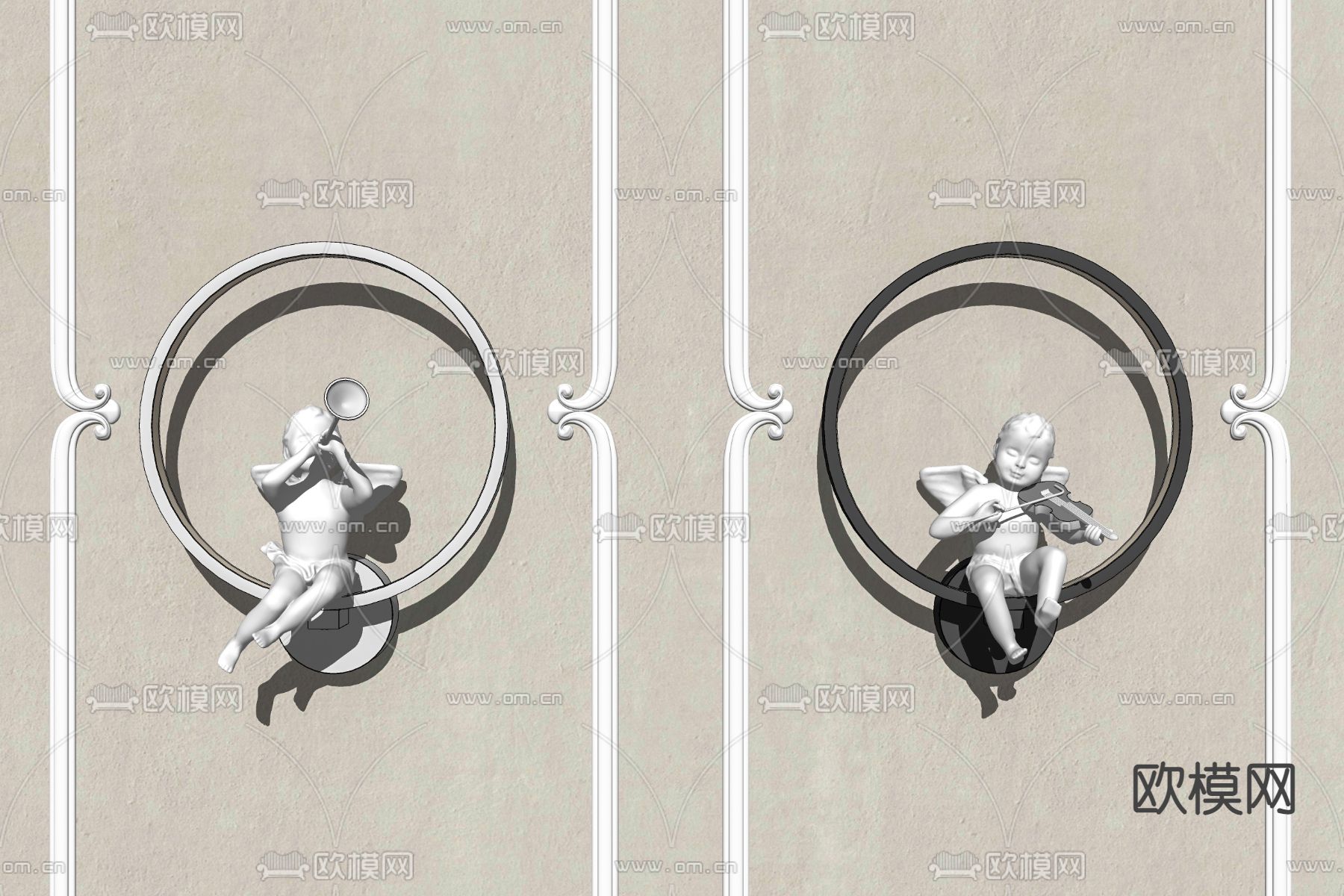 欧式丘比特雕塑壁灯su模型下载（渲染图2）