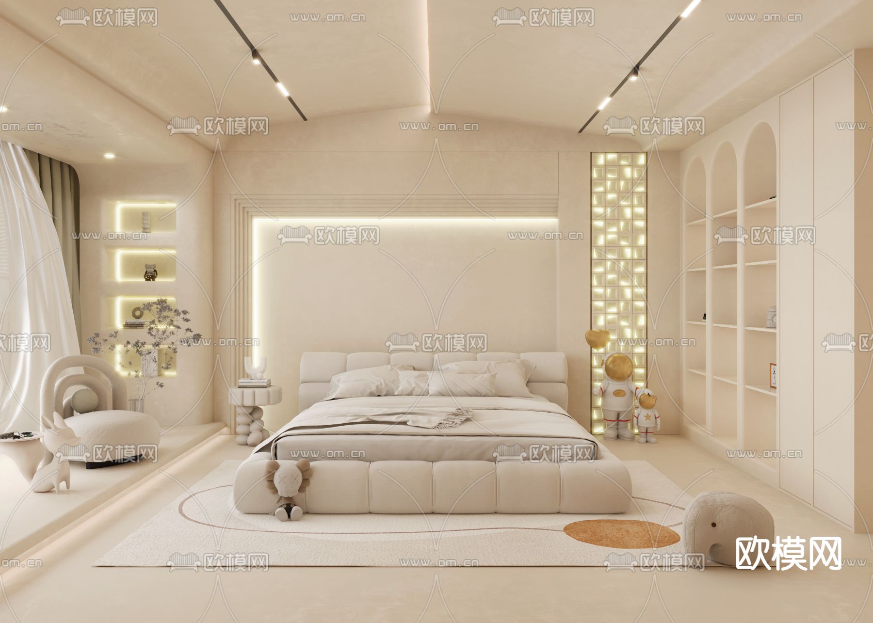 现代奶油风卧室3d模型