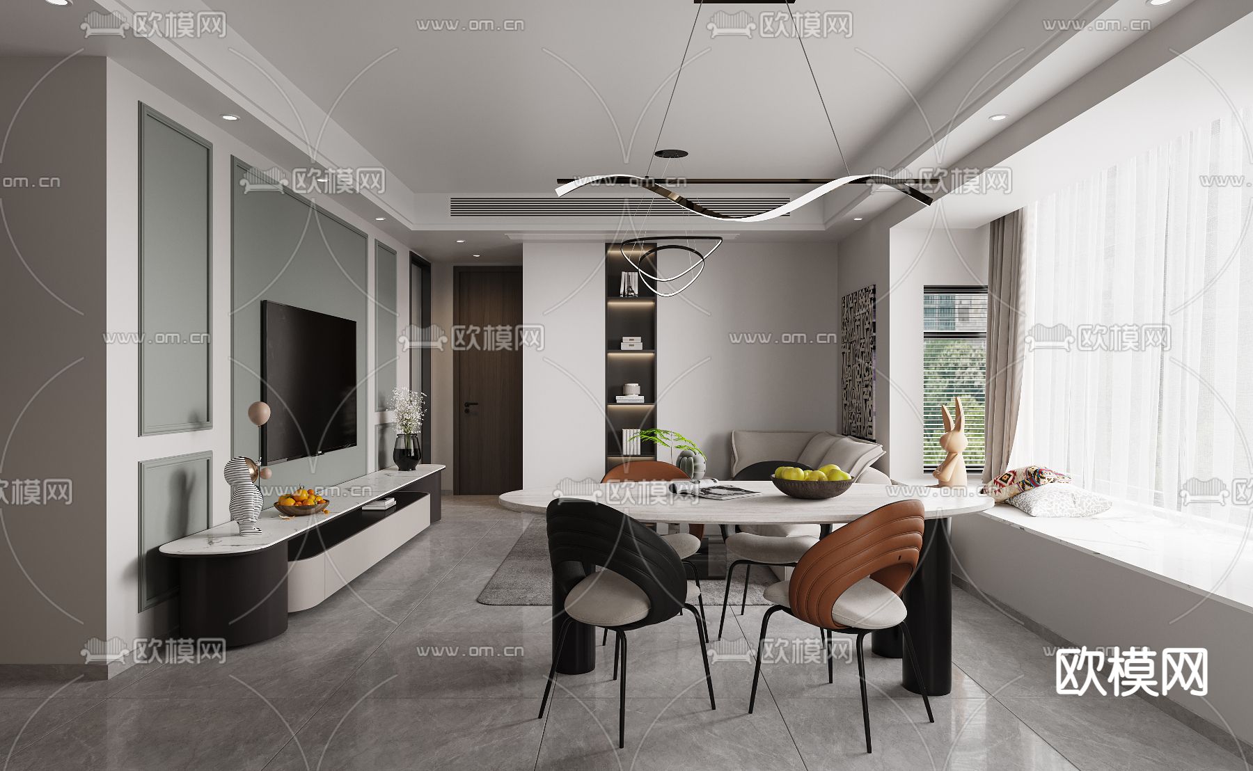 现代高级灰客餐厅3d模型下载（渲染图3）