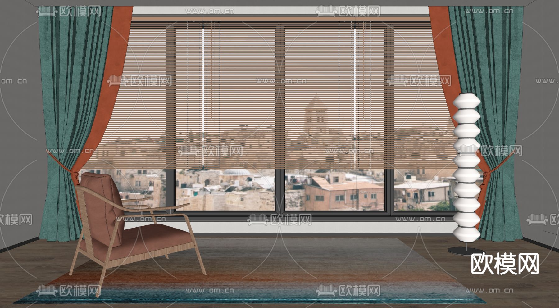 新中式窗帘百叶帘su模型下载（渲染图2）