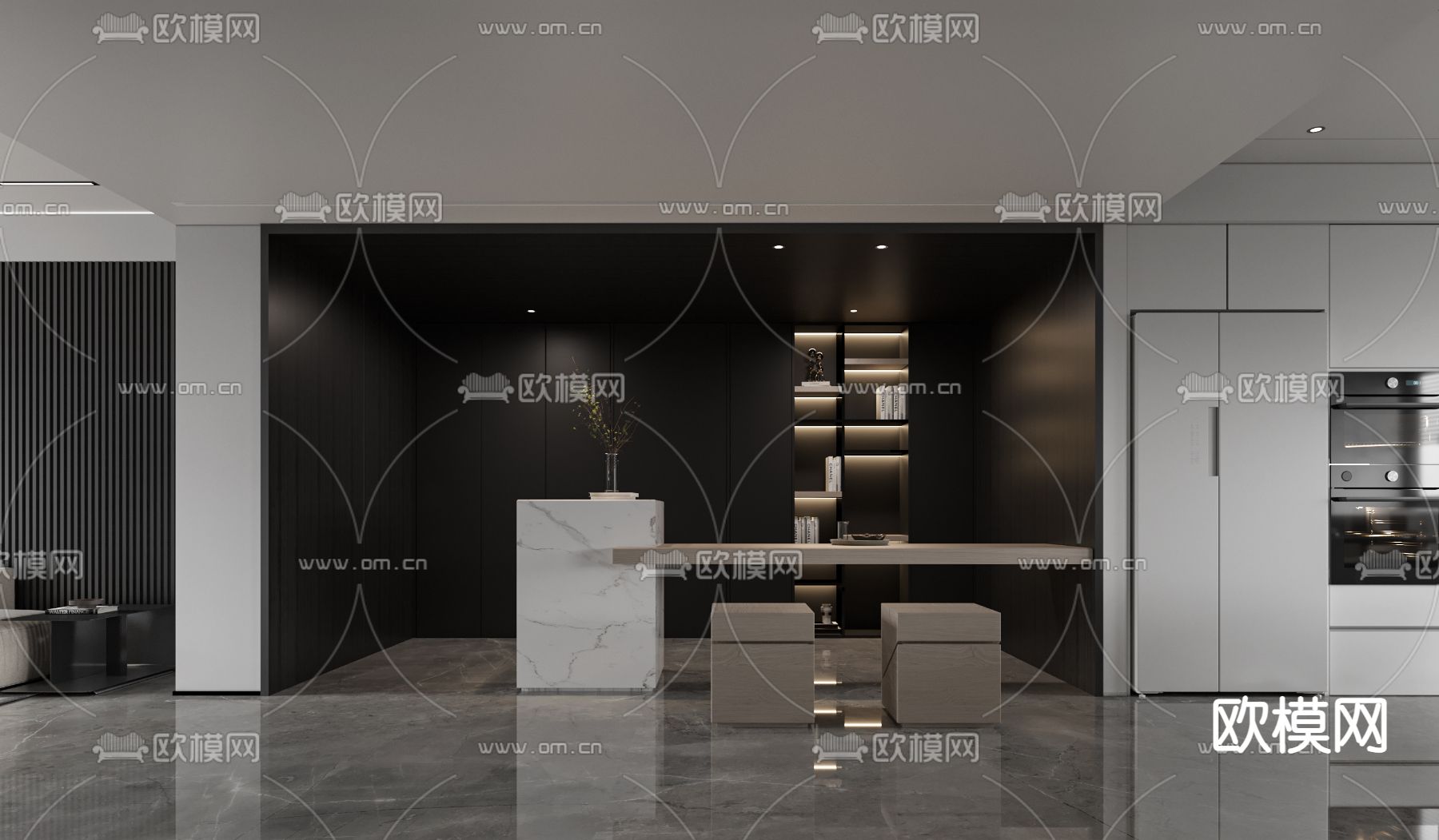 现代简约高级灰客餐厅厨房卧室3d模型下载（渲染图3）