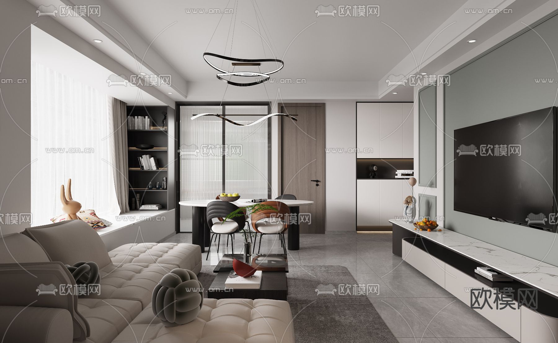 现代高级灰客餐厅3d模型下载（渲染图1）