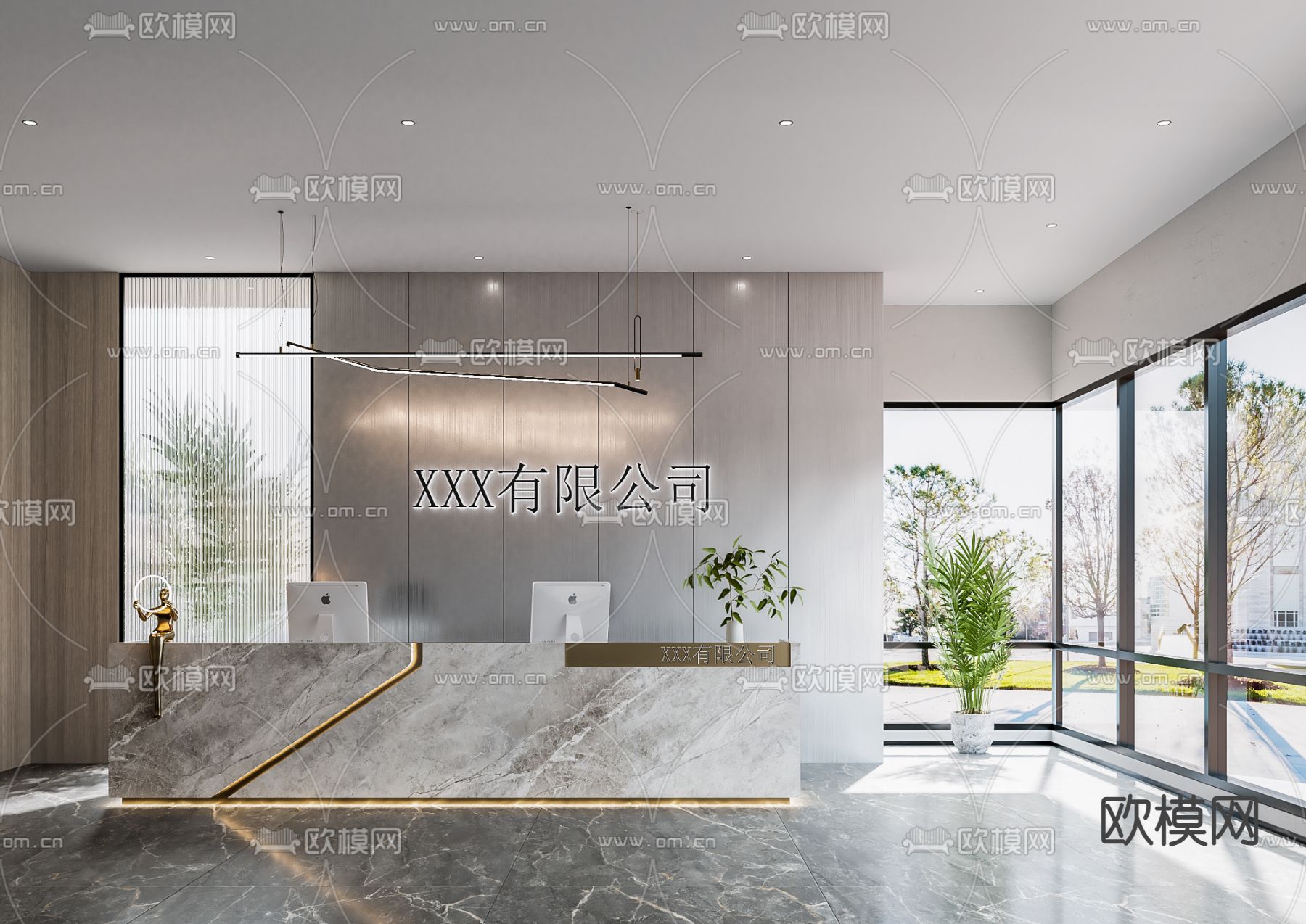 现代轻奢公司前台接待处3d模型下载