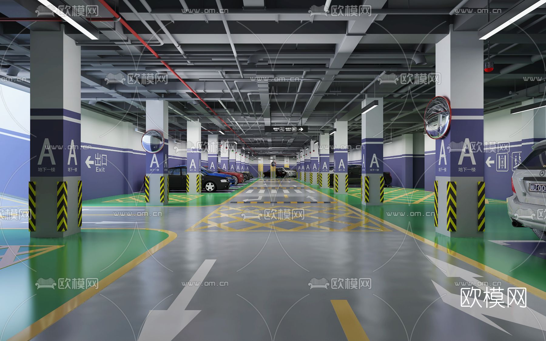 现代地下车库3d模型下载（渲染图1）