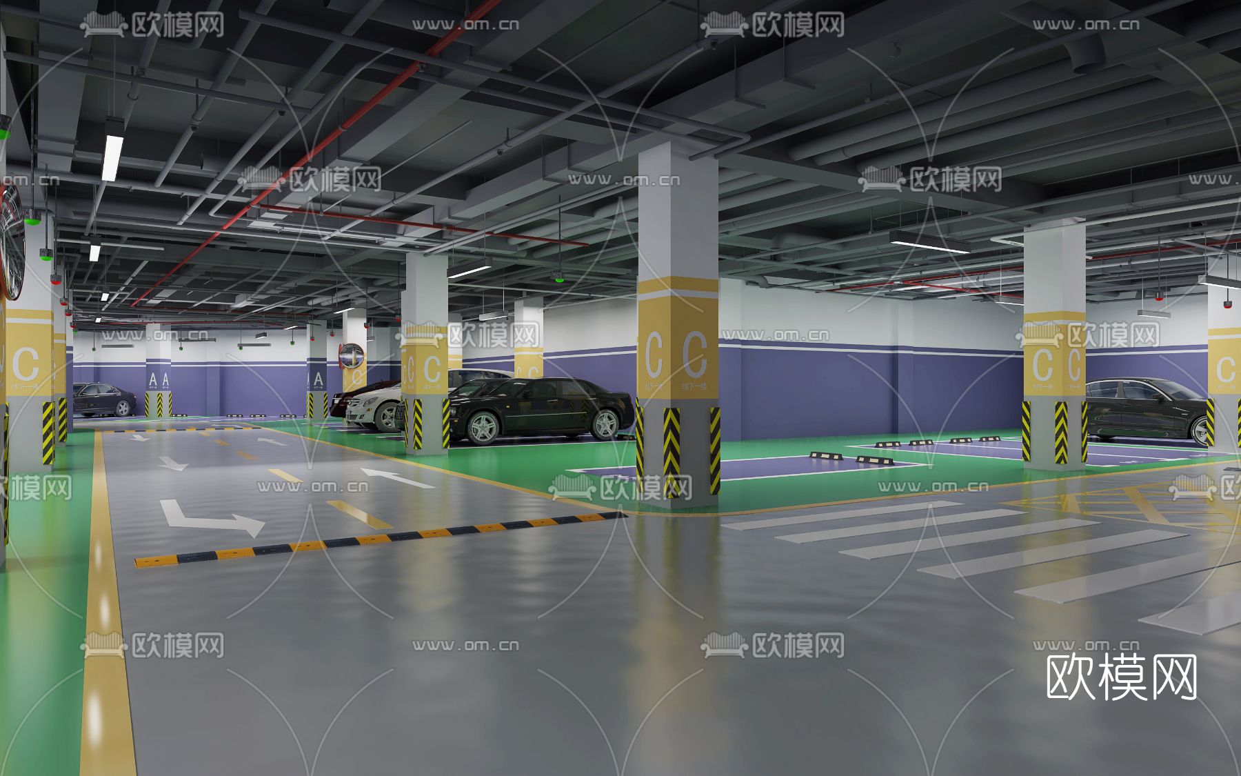 现代地下车库3d模型下载（渲染图2）