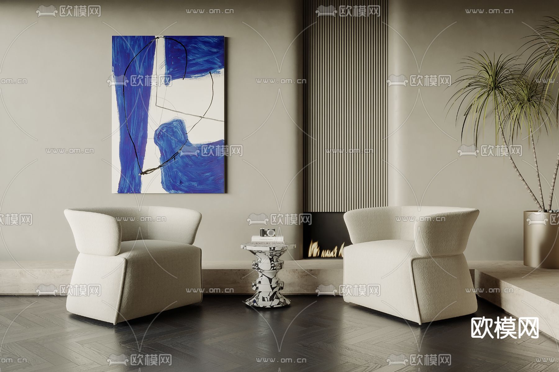 现代白色绒布休闲沙发3d模型下载