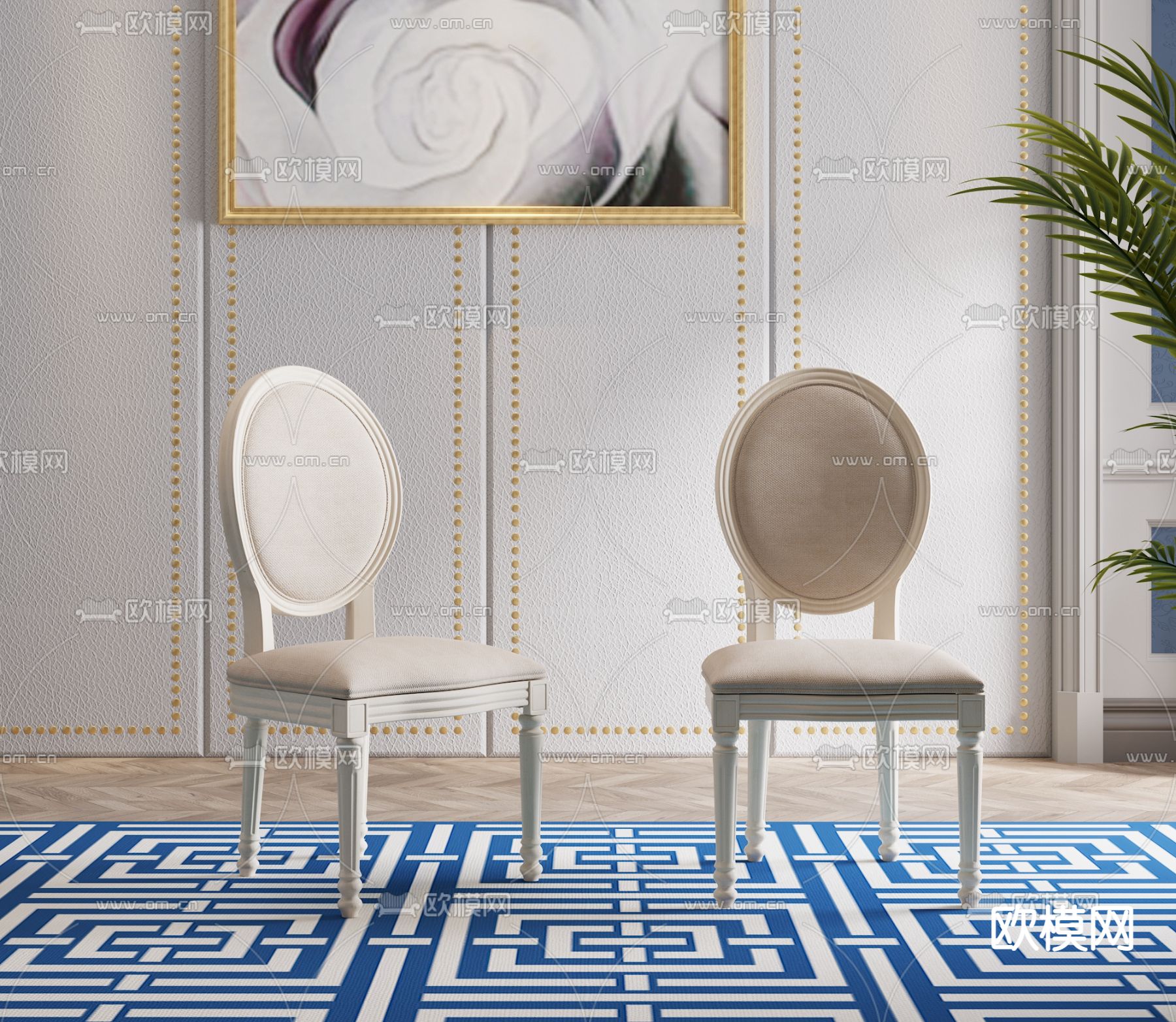 美式奶白色单椅餐椅3d模型下载