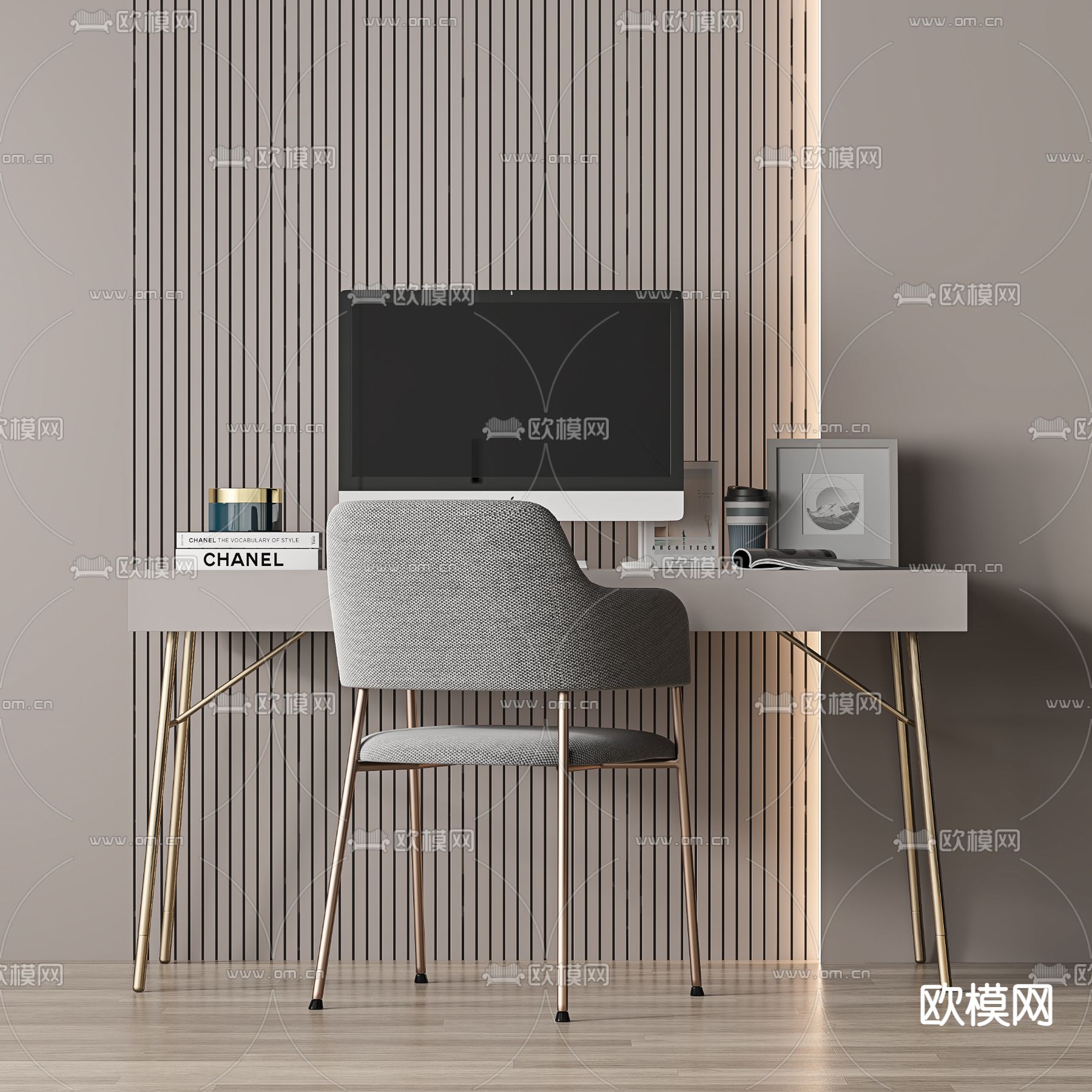 现代轻奢烤漆书桌椅3d模型下载