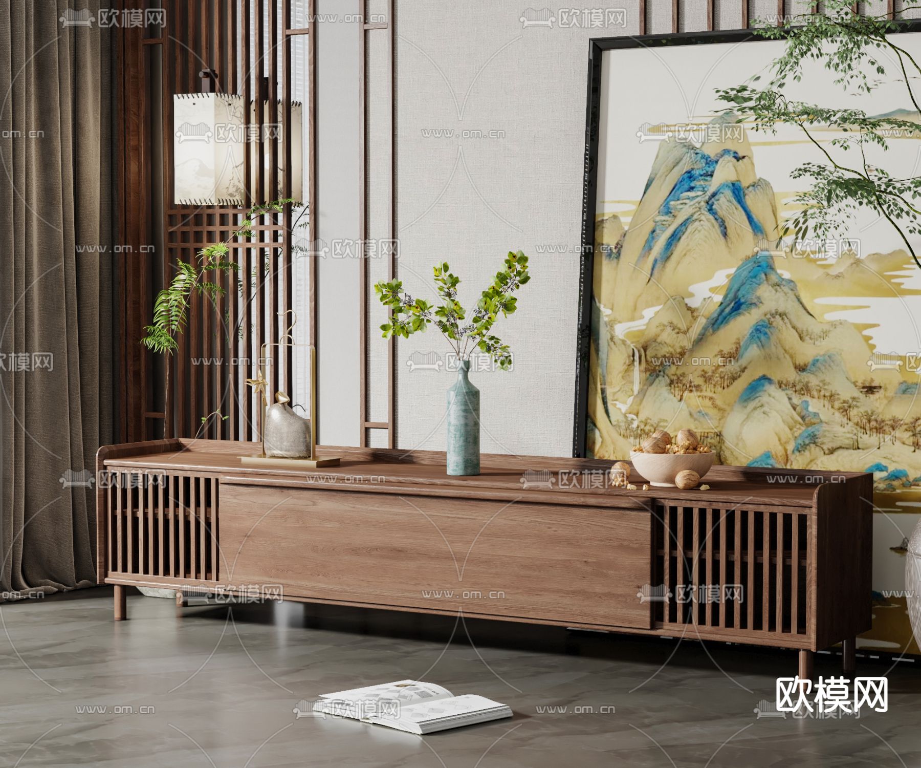 新中式电视柜3d模型下载