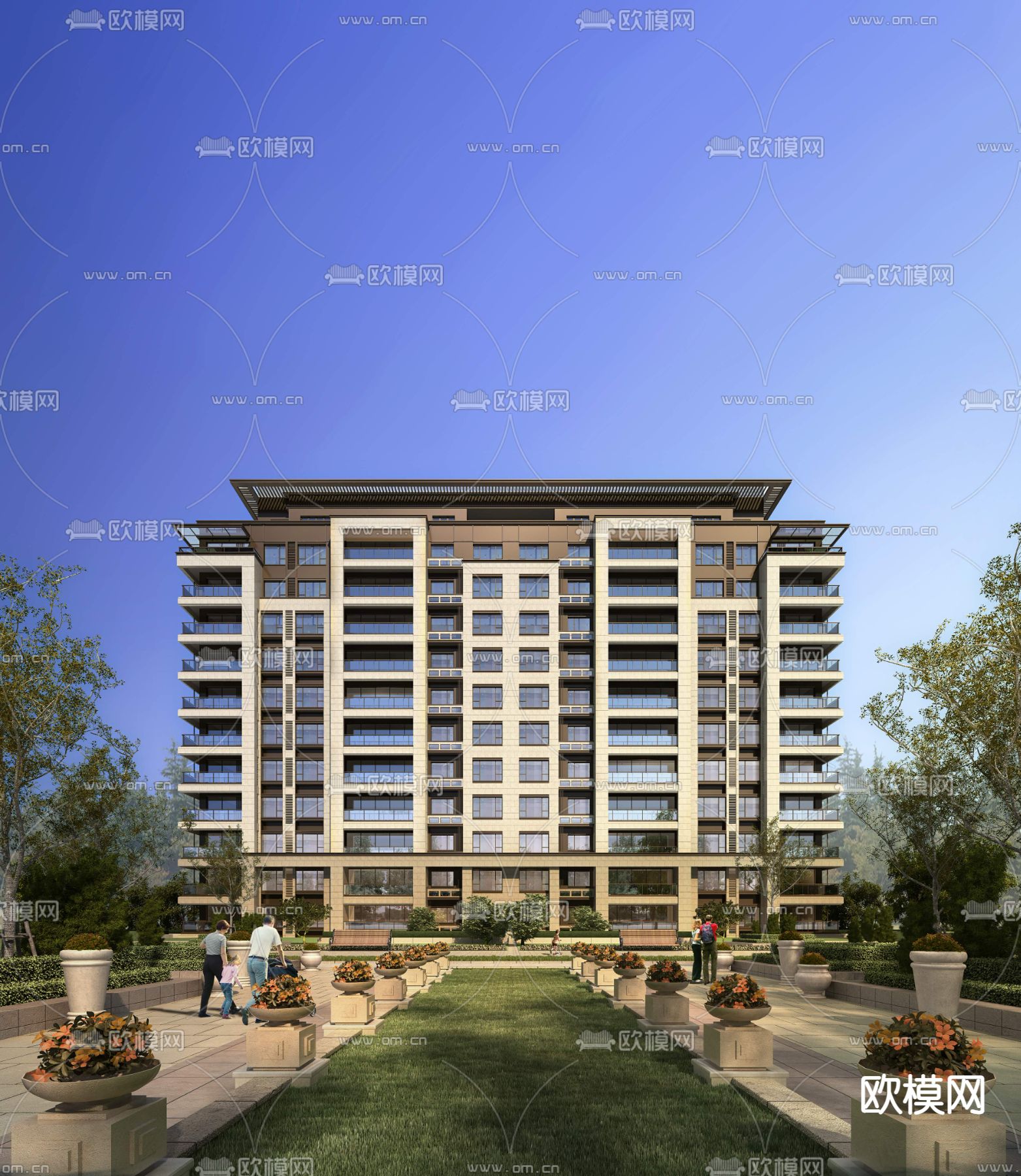 新中式住宅楼建筑外观3d模型下载