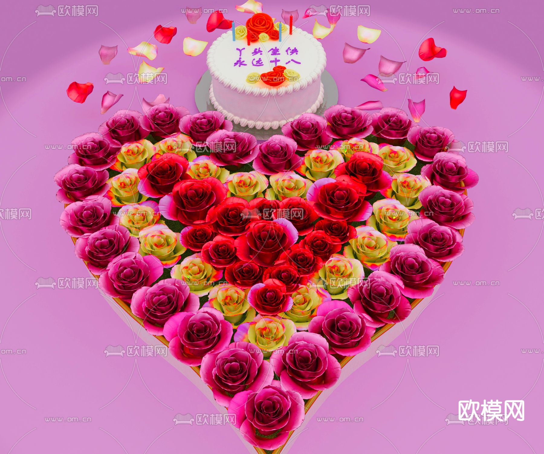 玫瑰花生日蛋糕3d模型下载