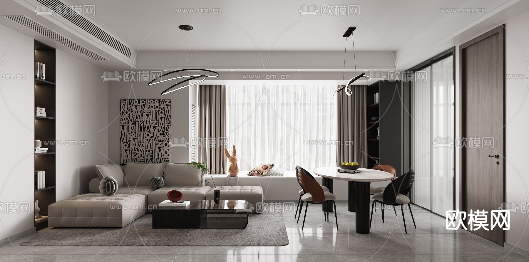 现代高级灰客餐厅3d模型下载（渲染图2）