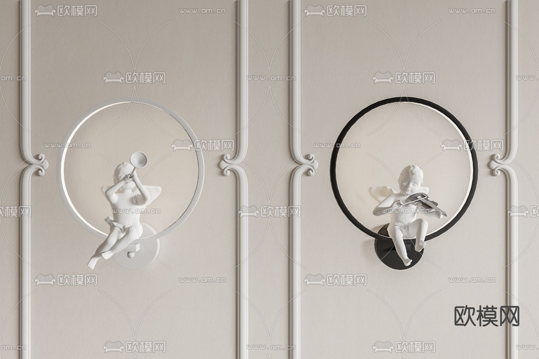 欧式丘比特雕塑壁灯su模型下载（渲染图1）