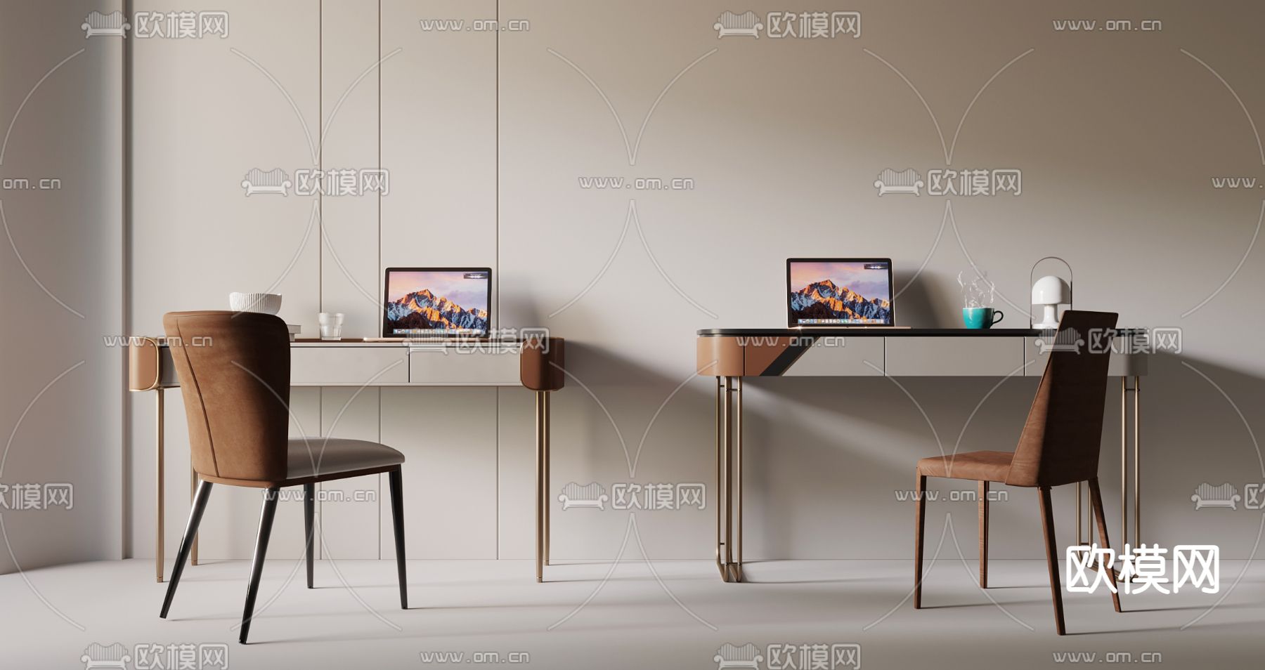 现代轻奢烤漆书桌椅3d模型下载