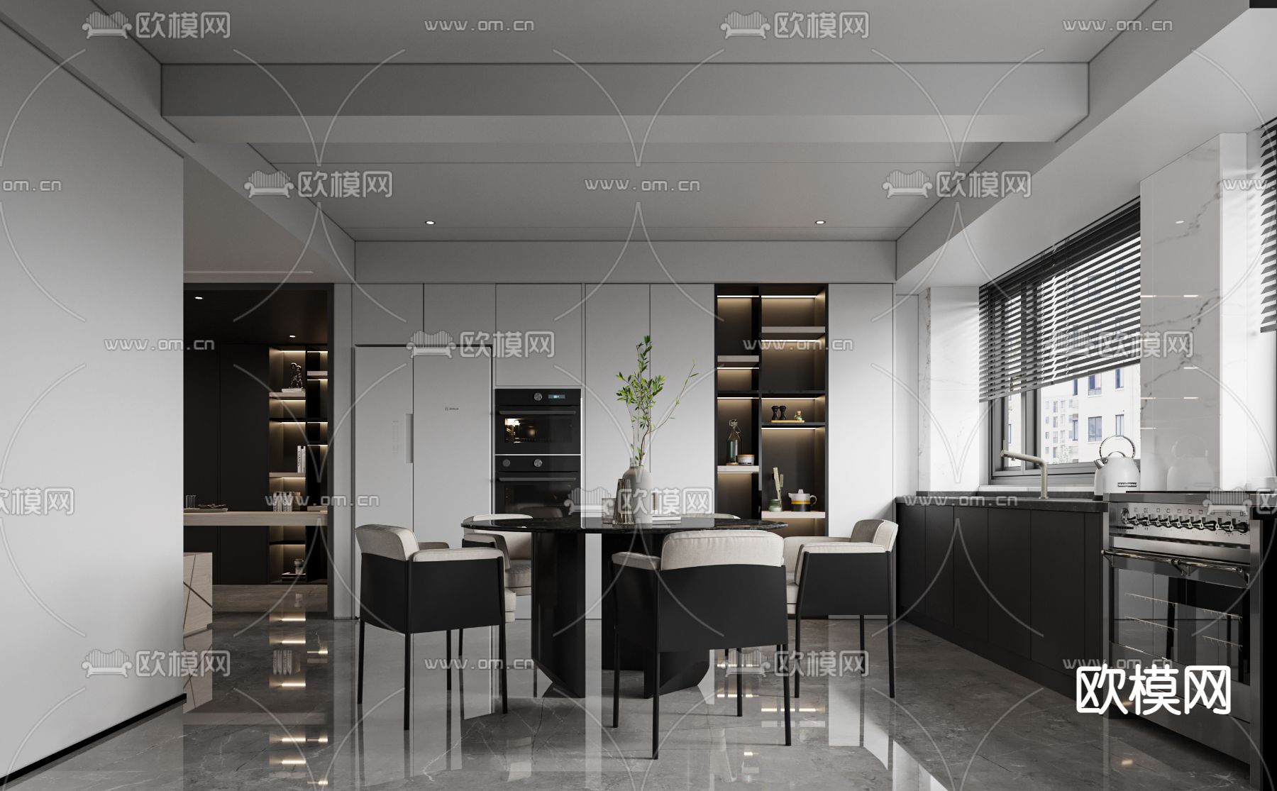 现代简约高级灰客餐厅厨房卧室3d模型下载（渲染图2）
