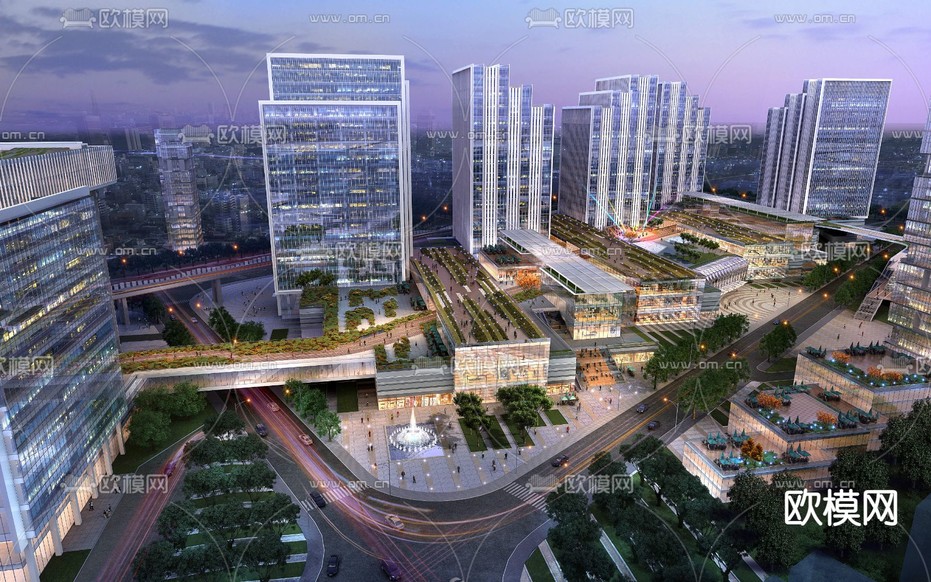 现代商业办公楼夜景建筑外观3d模型下载
