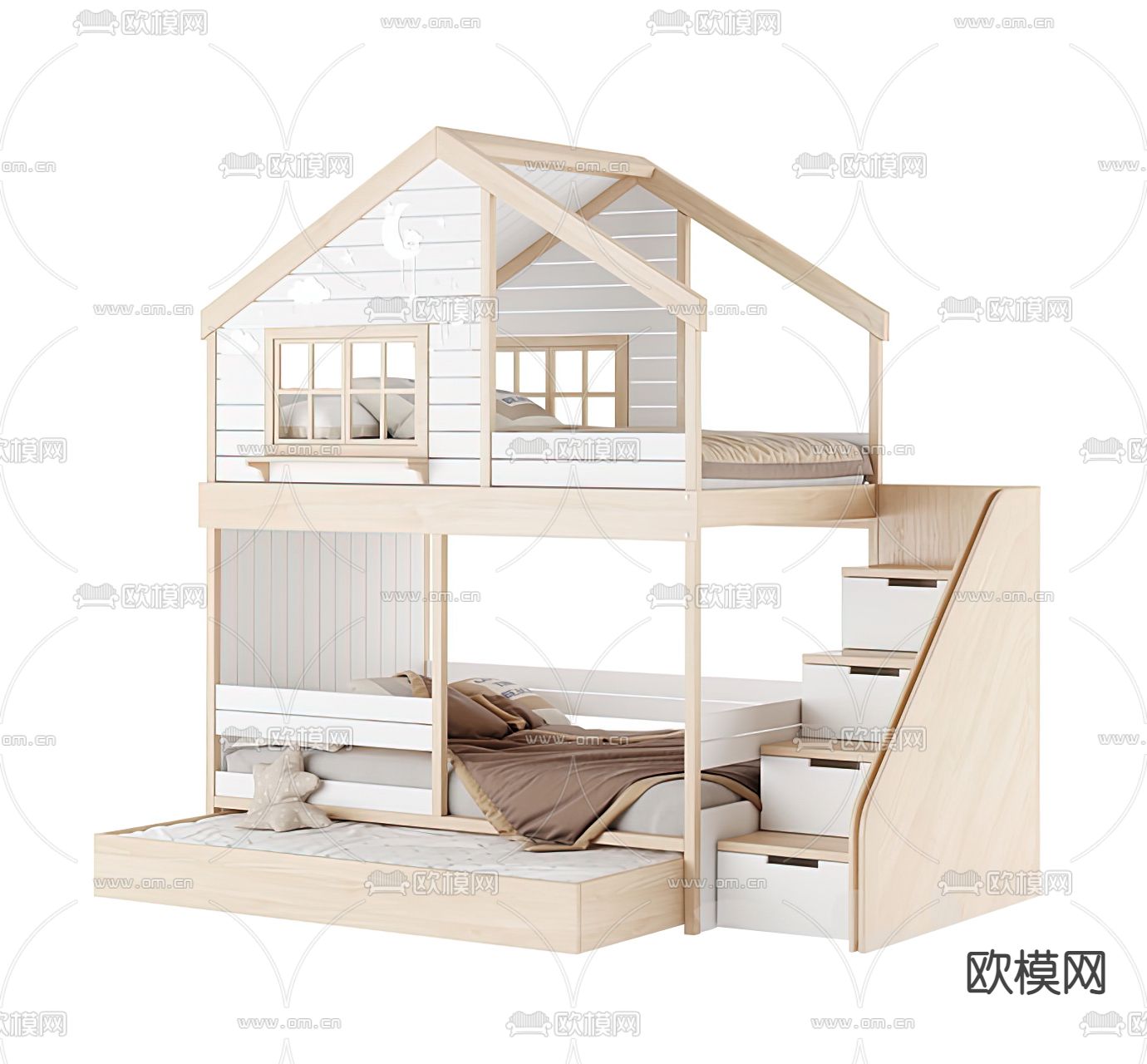 现代原木儿童上下床3d模型下载