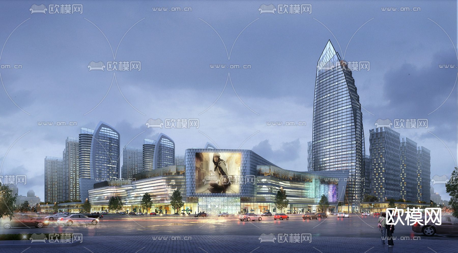 现代购物中心外观夜景3d模型下载