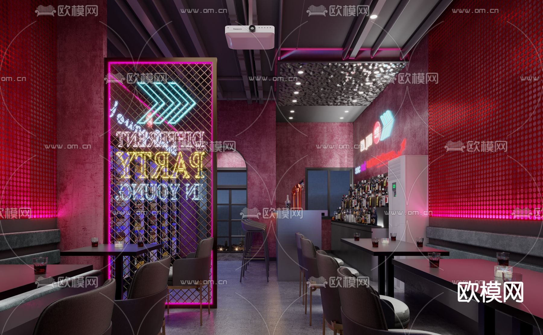工业风紫红色酒吧清吧3d模型下载（渲染图2）