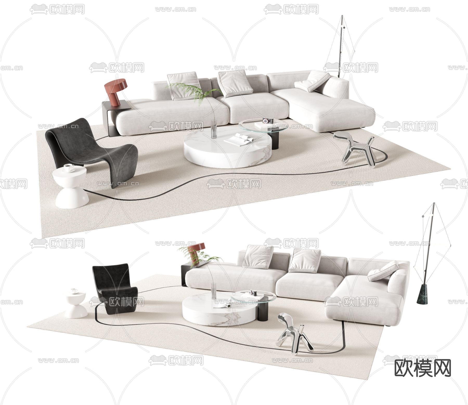 现代奶白色布艺转角沙发组合3d模型下载_ID12015610_3dmax免费模型-欧模网