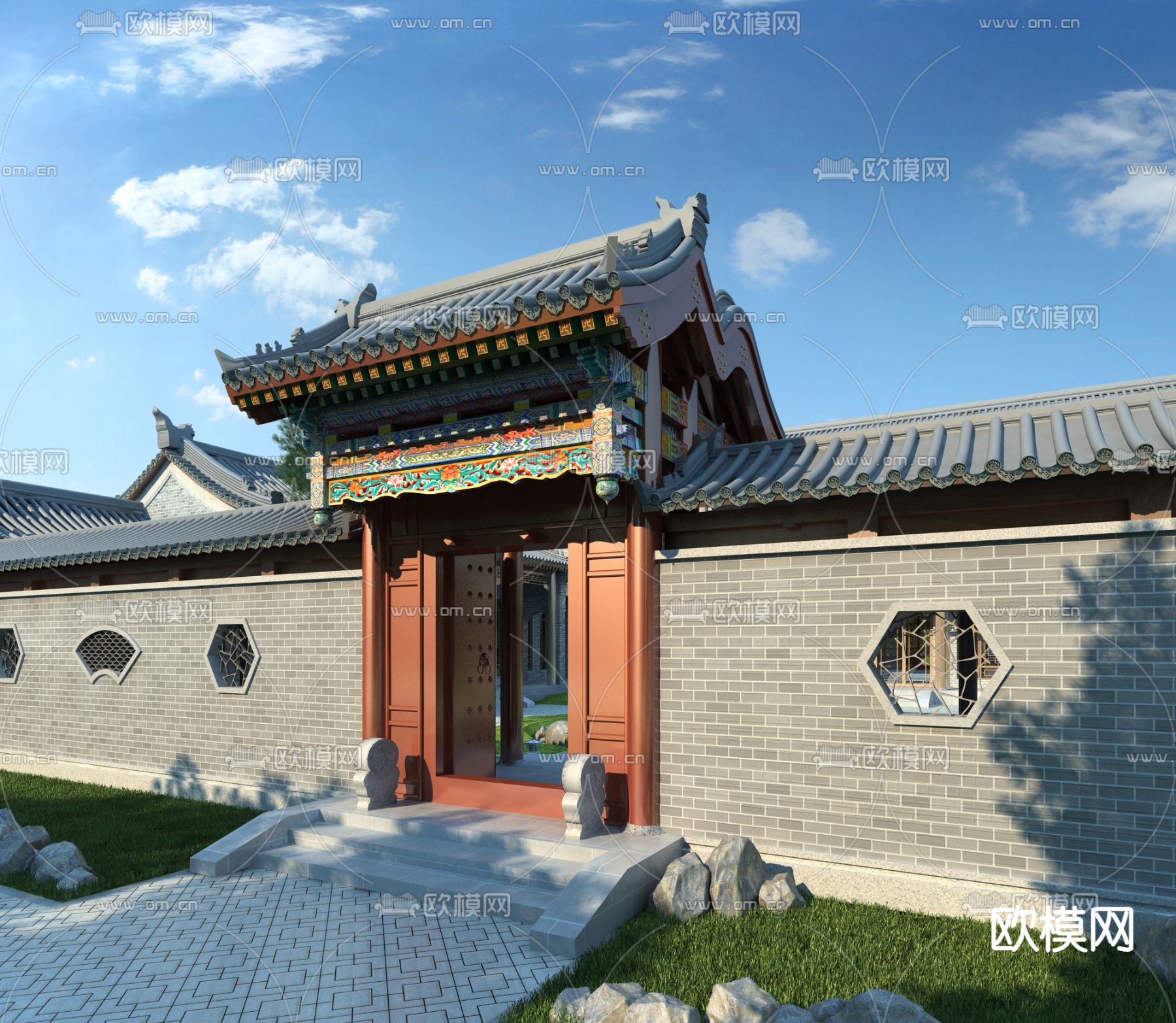 中式古建四合院大门3d模型下载