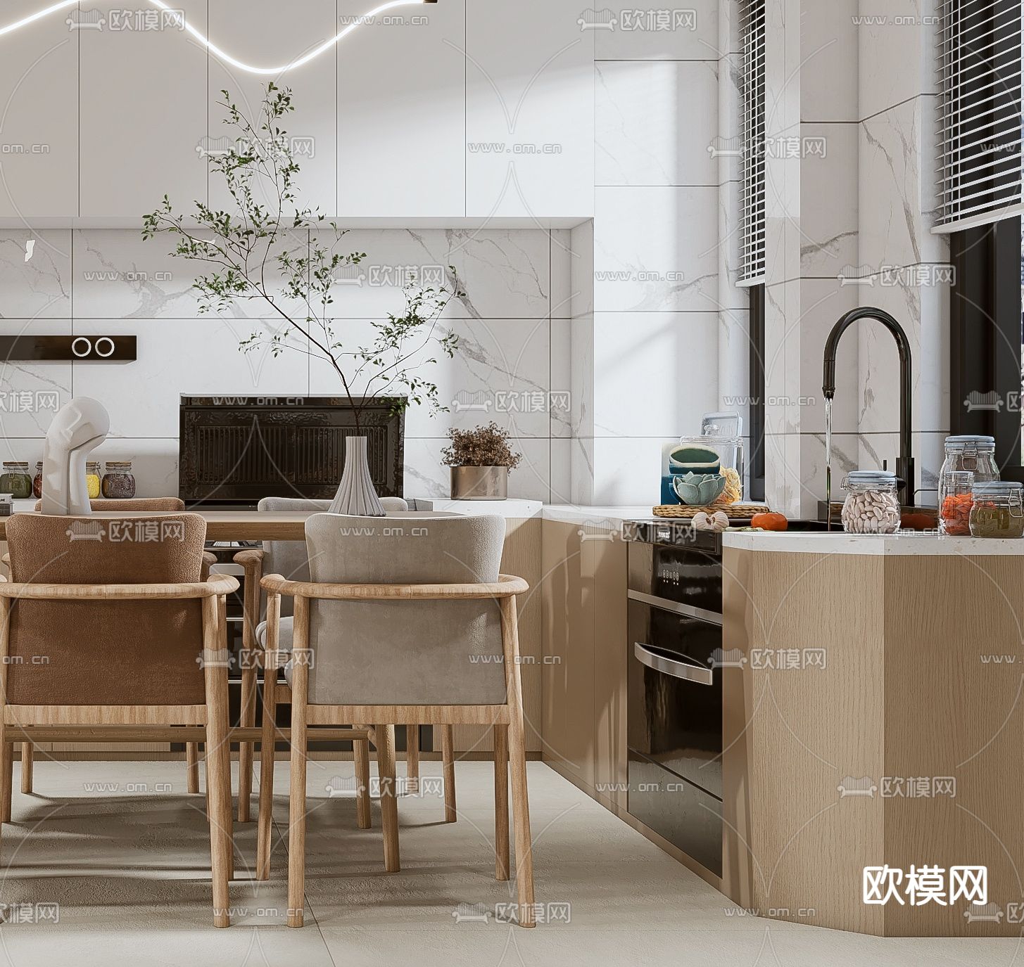 现代北欧风客厅餐厅厨房3d模型下载（渲染图4）