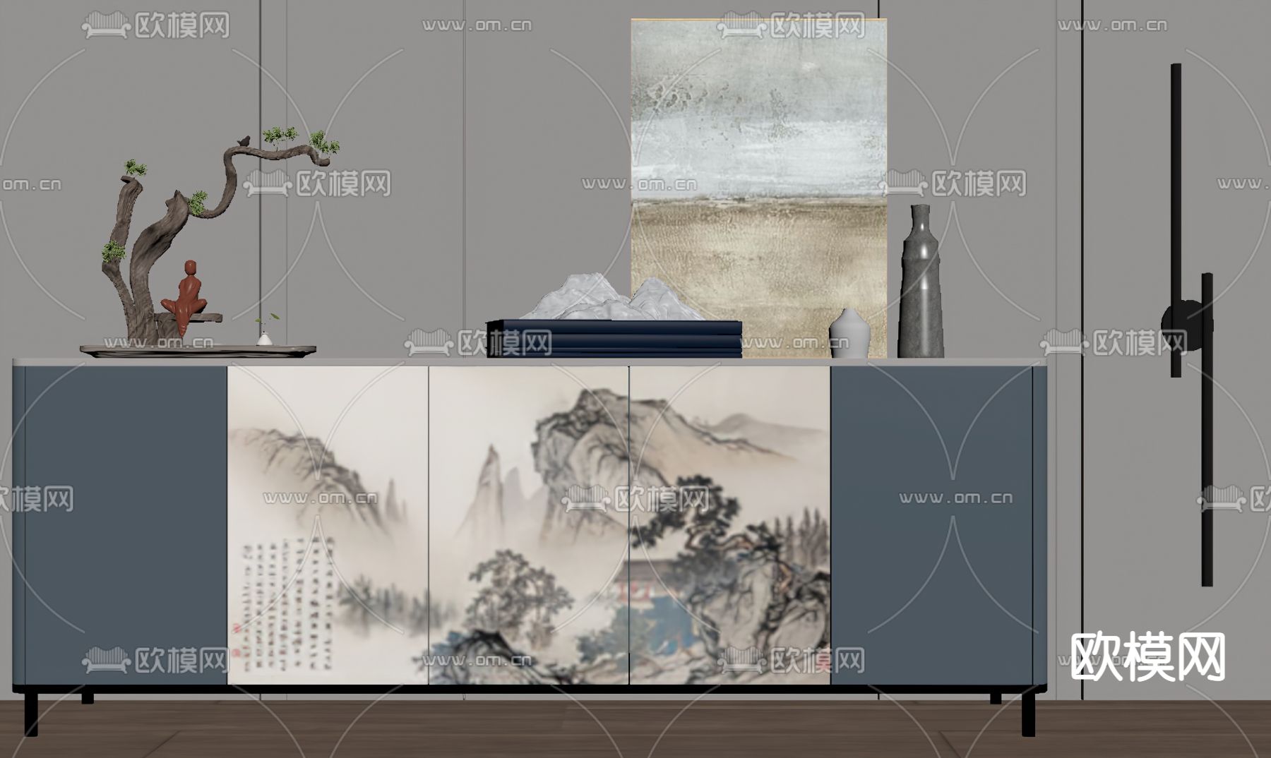 新中式玄关边柜su模型下载（渲染图2）