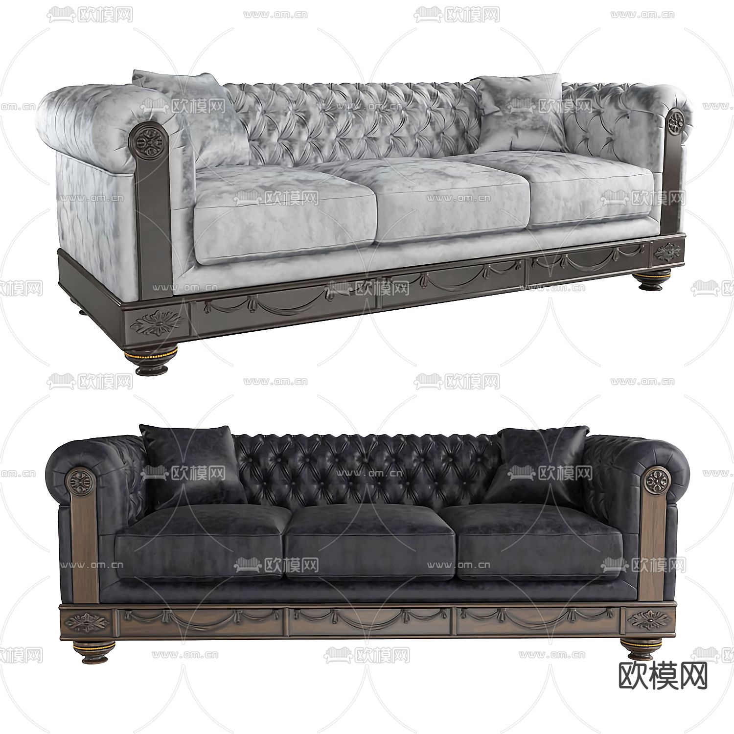 欧式黑色皮革双人沙发3d模型下载（渲染图1）