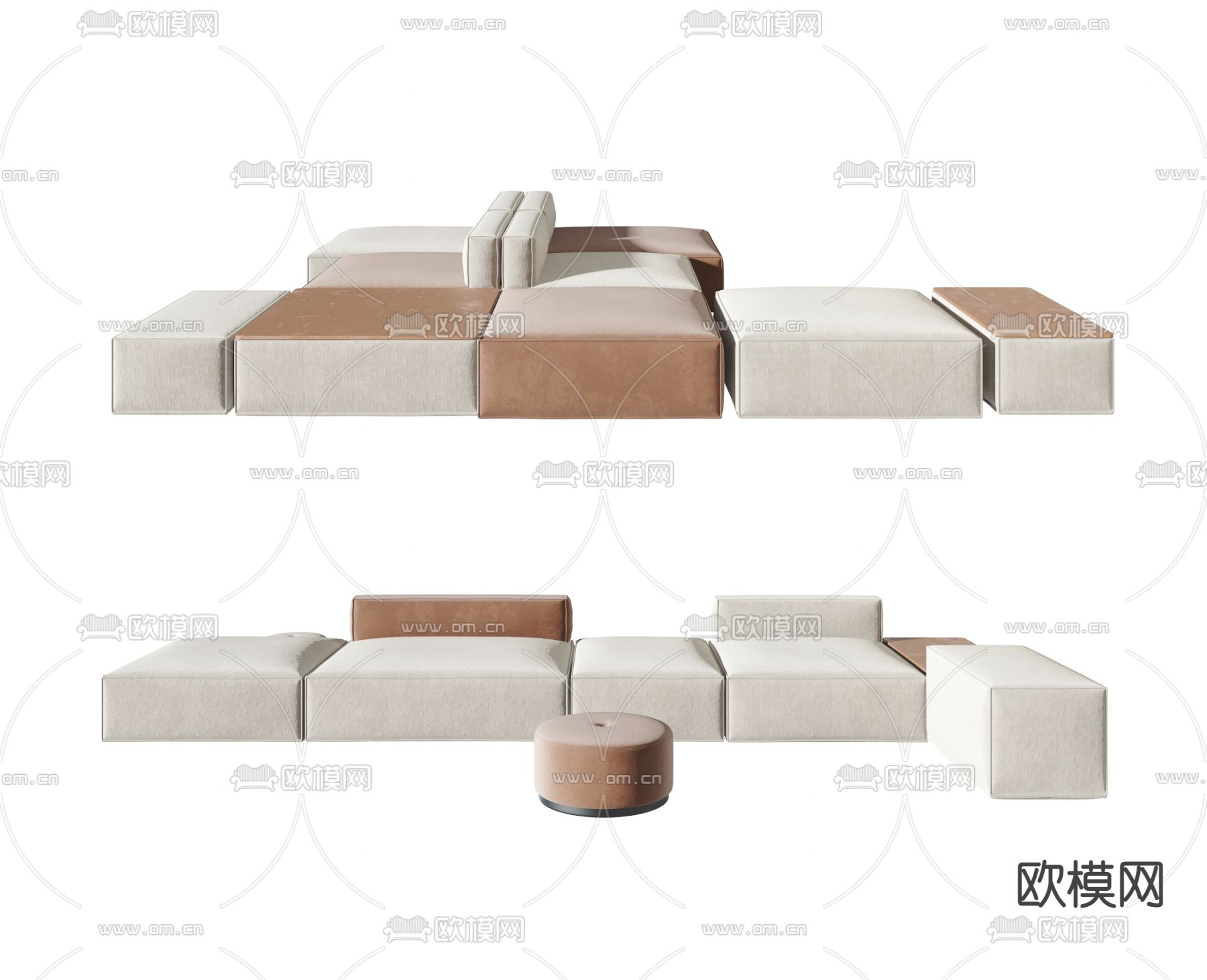现代皮革布艺拼接办公沙发3d模型下载（渲染图1）