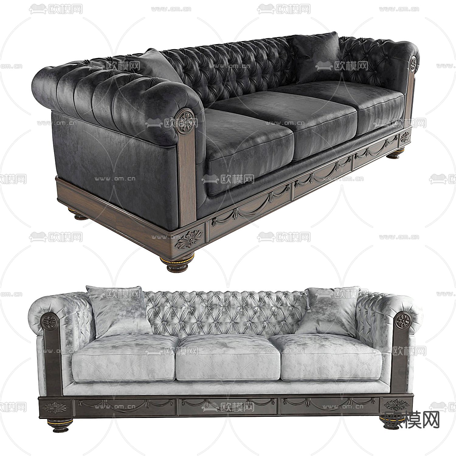 欧式黑色皮革双人沙发3d模型下载（渲染图2）
