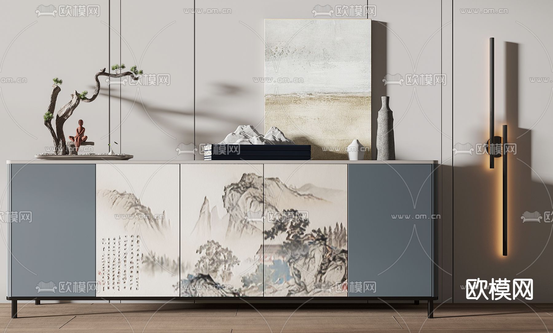 新中式玄关边柜su模型下载（渲染图1）