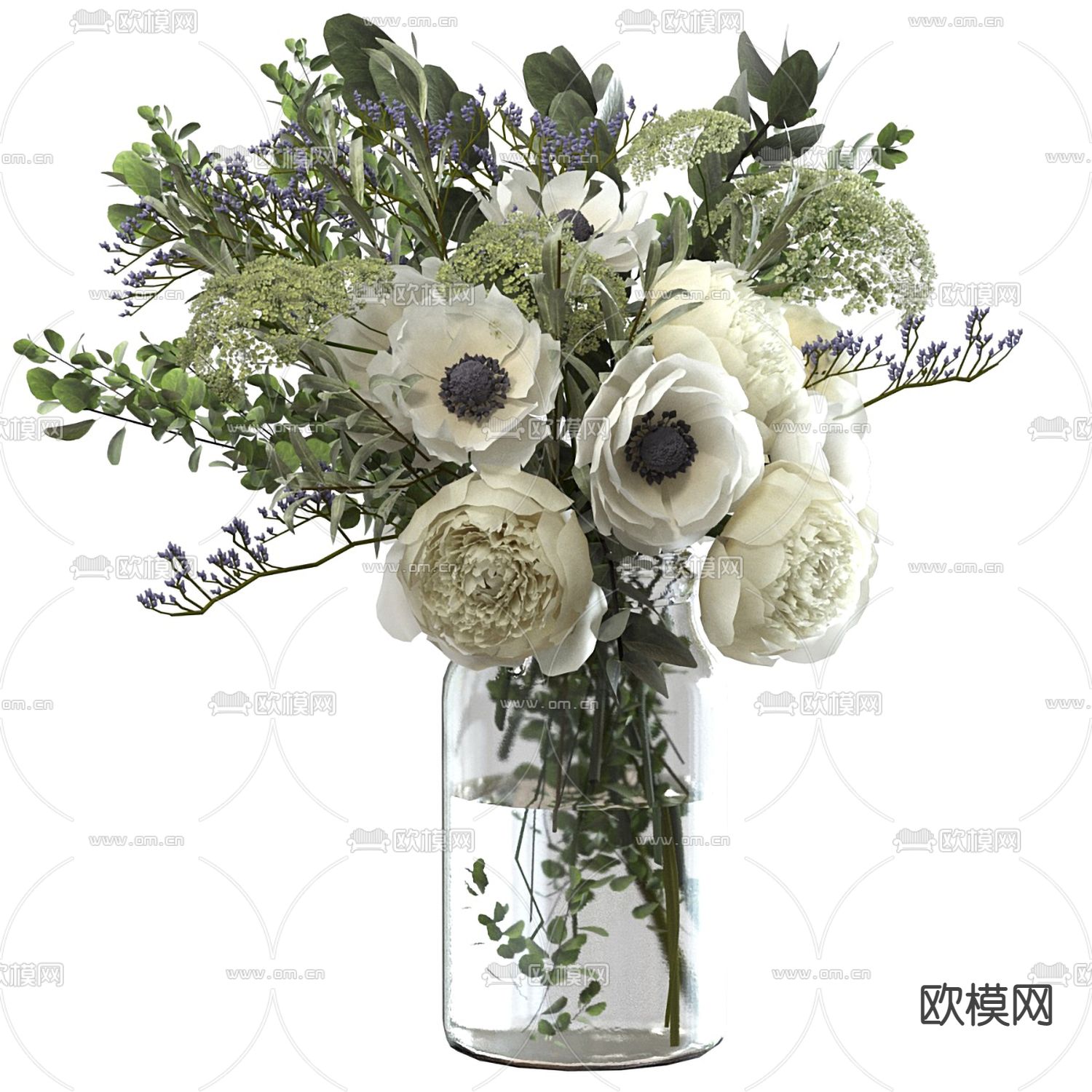 现代银莲花花瓶插花3d模型下载-3dmax模型免费下载-欧模网